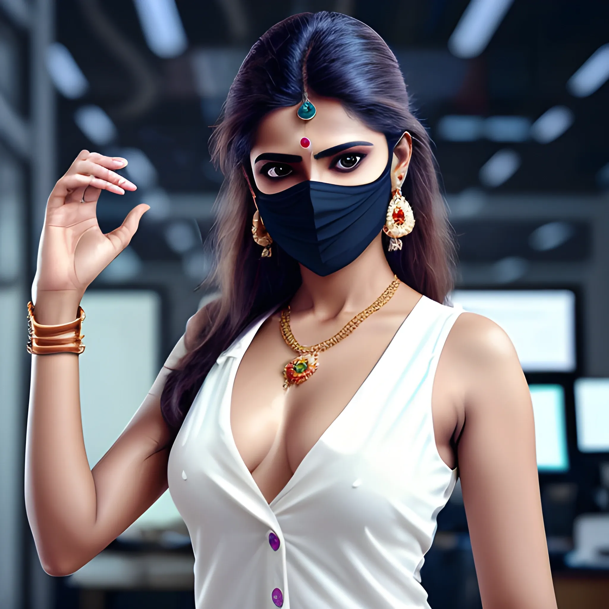 good hand, 4k, best quality, indian actress, in the workplace, wearing face mask, business outfit, sweaty, sharp focus, soft lighting, skinny,  jewelry, earrings, long hair, blond hair, extremely messy hair