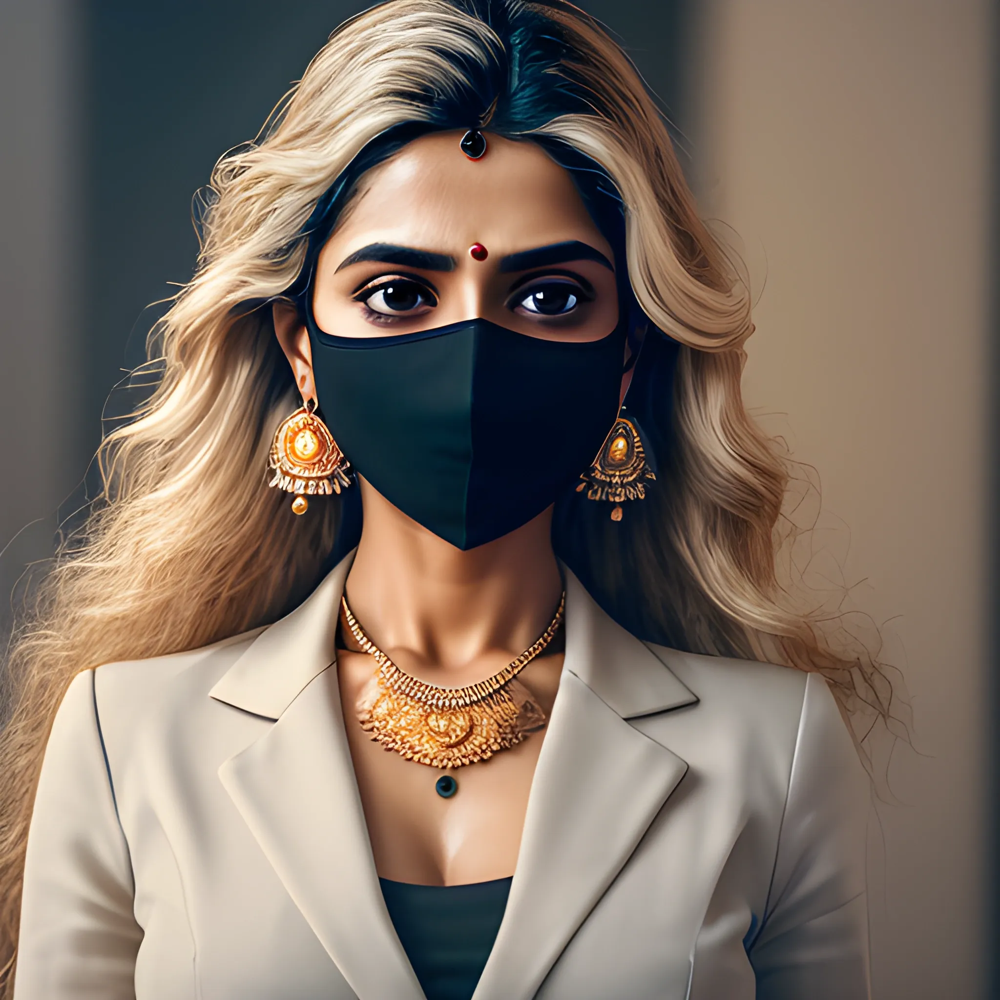 good hand, 4k, best quality, indian actress, in the workplace, wearing face mask, business outfit, sweaty, sharp focus, soft lighting, skinny, enormous, jewelry, earrings, long hair, blond hair, extremely messy hair