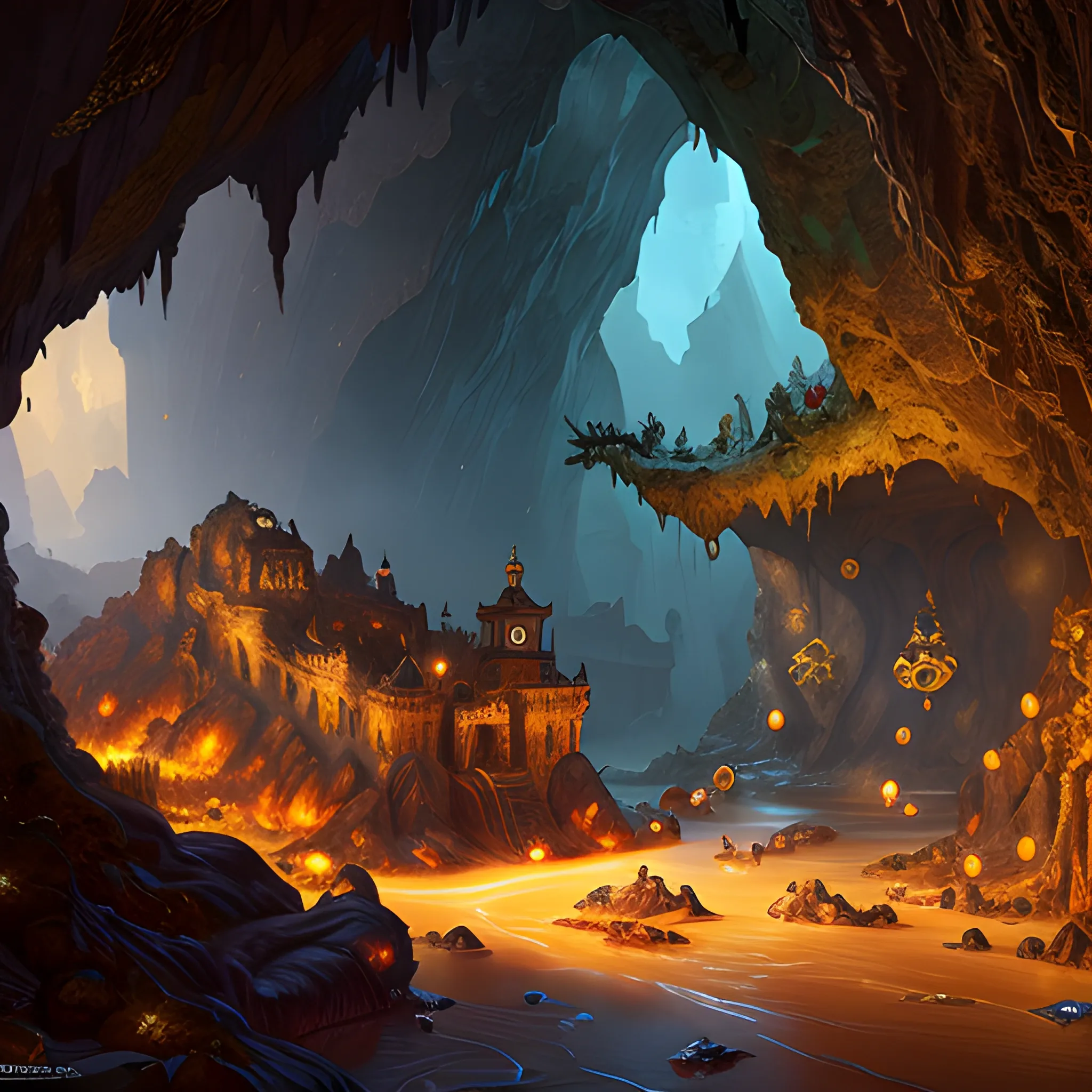 a cave full of treasures, chests, gold, coins, treasures, antiques, 8k, high resolution, detailed, detailed matte painting, deep color, fantastical, intricate detail, splash screen, complementary colors, fantasy concept art, 8k resolution trending on Artstation Unreal Engine 5