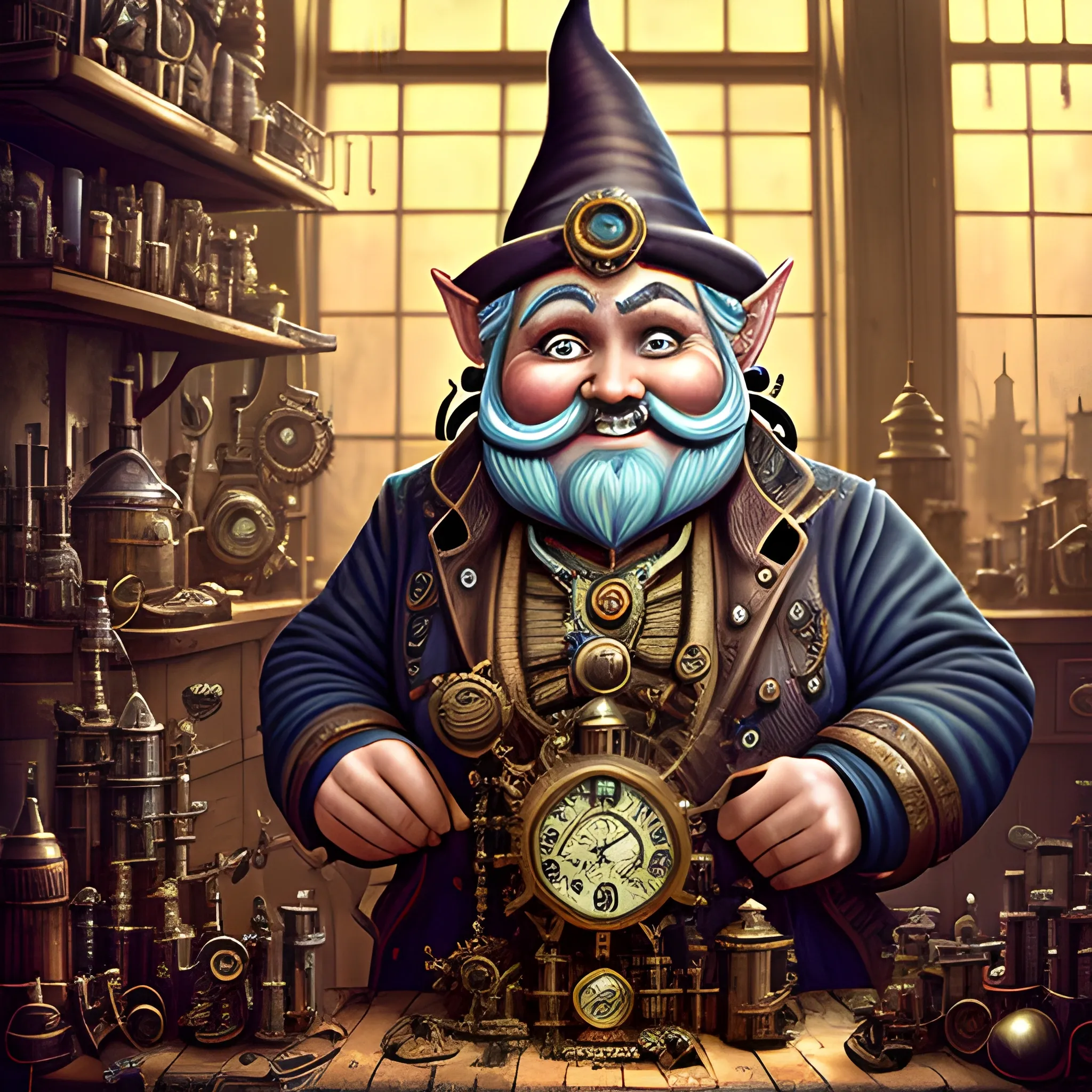A steampunk-inspired digital illustration of a gnome inventor in ...