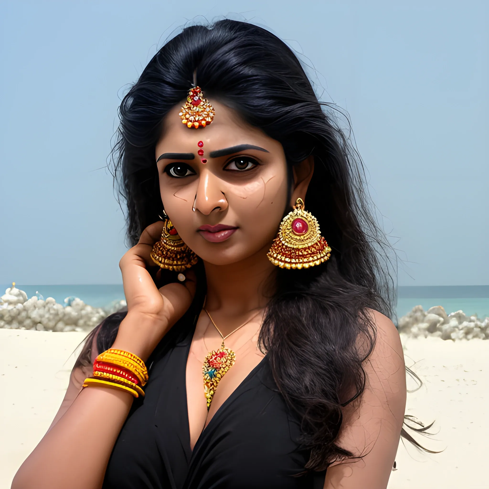 good hand, 4k, best quality, indian telugu actress, in the workplace, beach outfit, sweaty, sharp focus, soft lighting, skinny, enormous, big bazooka, jewelry, earrings, long hair, black hair, extremely messy hair