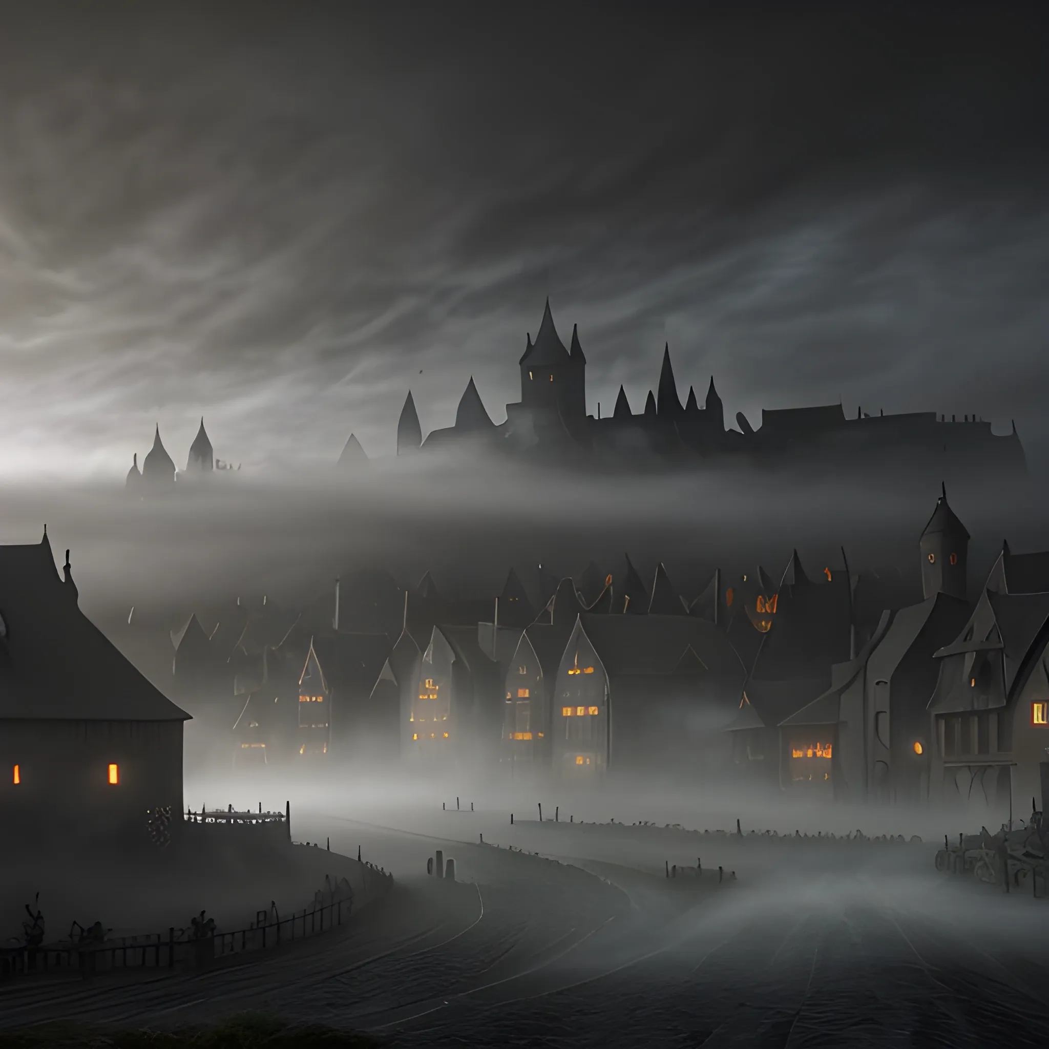 black fog, black cloud, black fog inside medieval town 8k, high quality, photorealistic, hyperrealistic, detailed, detailed matte painting, deep colour, fantastical, intricate detail, splash screen, complementary colours, fantasy concept art, 8k resolution trending on ArtStation Unreal Engine 5