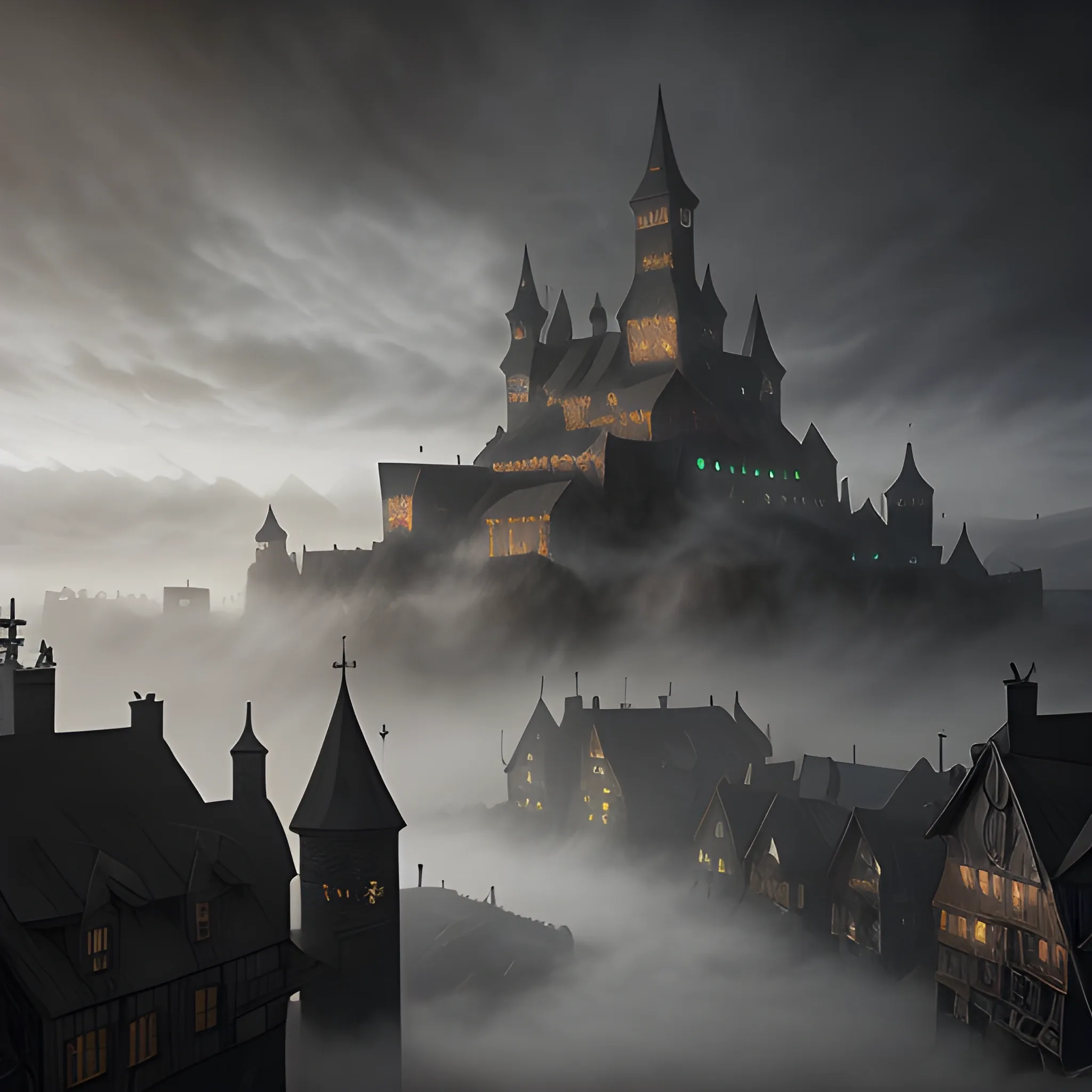 black fog, black cloud, black fog inside medieval town 8k, high quality, photorealistic, hyperrealistic, detailed, detailed matte painting, deep colour, fantastical, intricate detail, splash screen, complementary colours, fantasy concept art, 8k resolution trending on ArtStation Unreal Engine 5