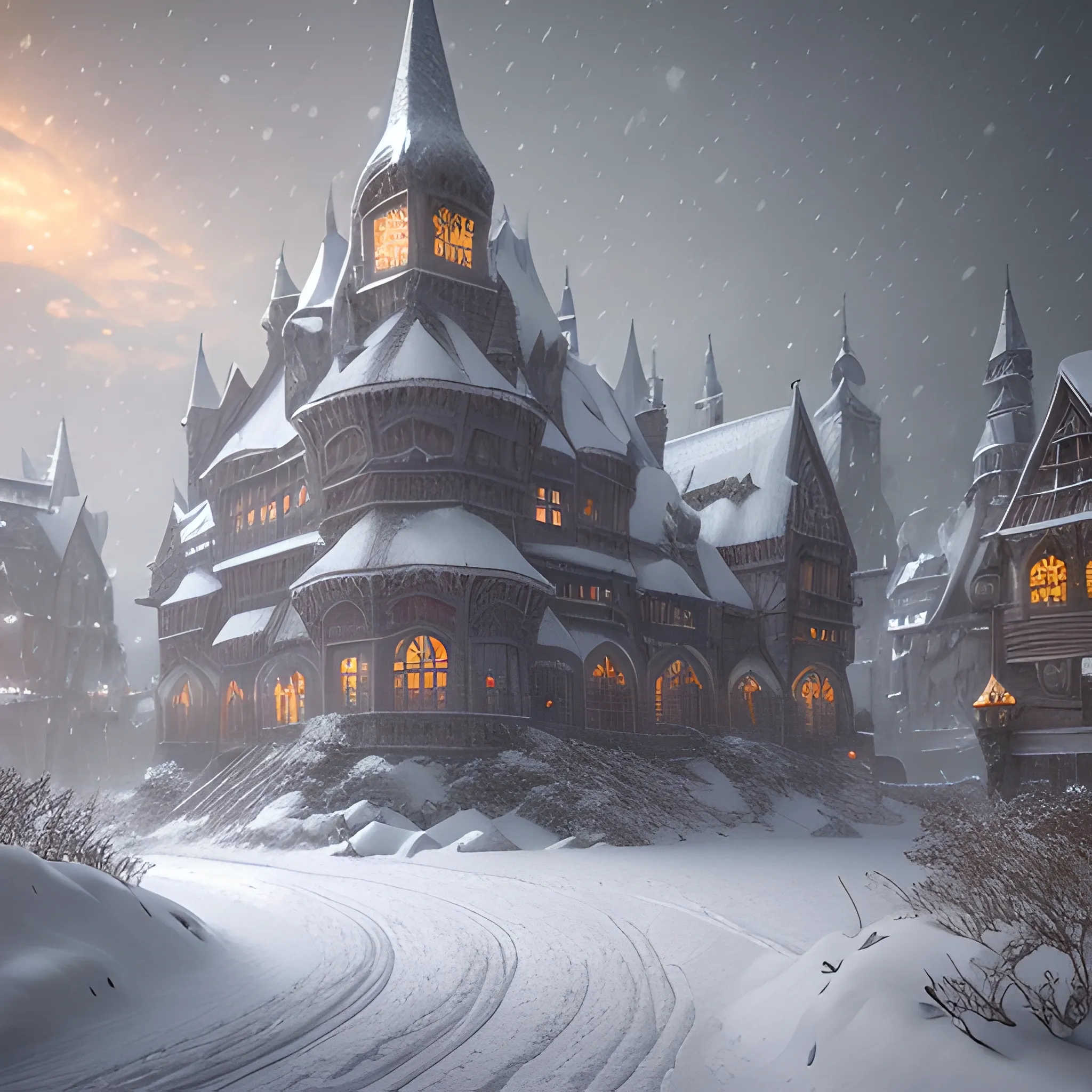 Winter, snowstorm, snowy, it's snowing, high fantasy, medieval, 8k, high quality, photorealistic, hyperrealistic, detailed, detailed matte painting, deep colour, fantastical, intricate detail, splash screen, complementary colours, fantasy concept art, 8k resolution trending on ArtStation Unreal Engine 5