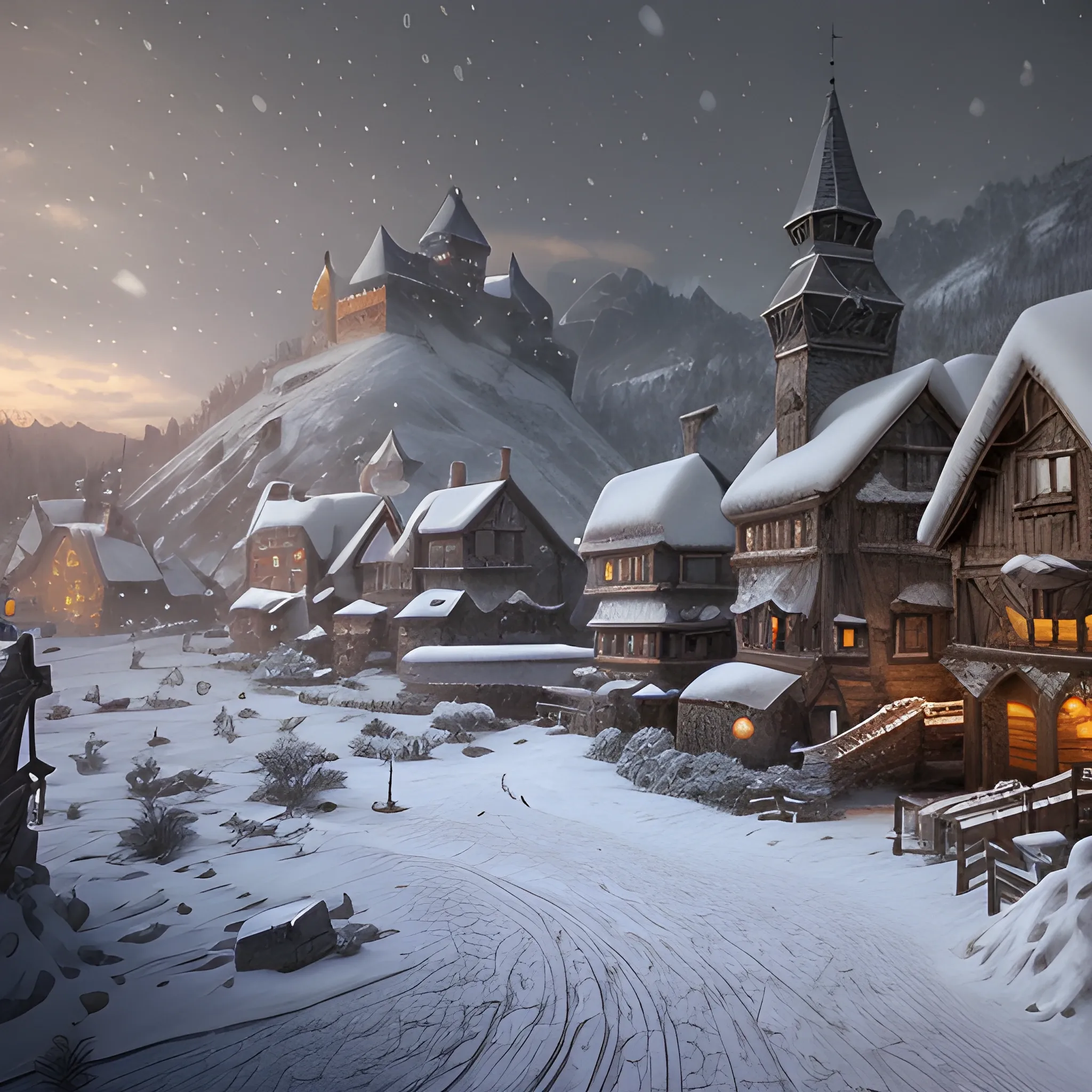 Winter, snowstorm, snowy, it's snowing, high fantasy, medieval village, 8k, high quality, photorealistic, hyperrealistic, detailed, detailed matte painting, deep colour, fantastical, intricate detail, splash screen, complementary colours, fantasy concept art, 8k resolution trending on ArtStation Unreal Engine 5