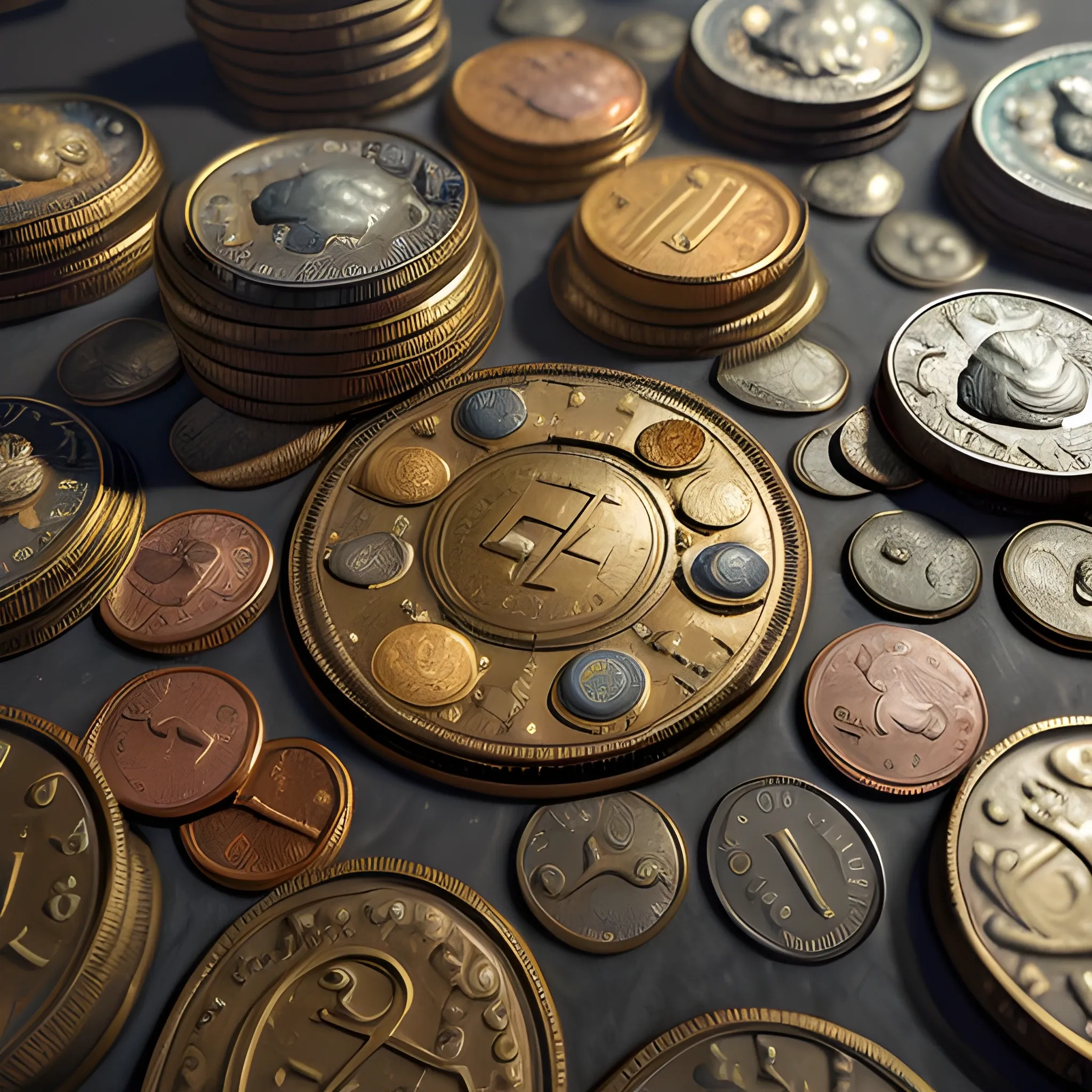 coins, many coins, a lot of coins, 8k, high resolution, high quality, photorealistic, hyperealistic, detailed, detailed matte painting, deep color, fantastical, intricate detail, splash screen, complementary colors, fantasy concept art, 8k resolution trending on Artstation Unreal Engine 5