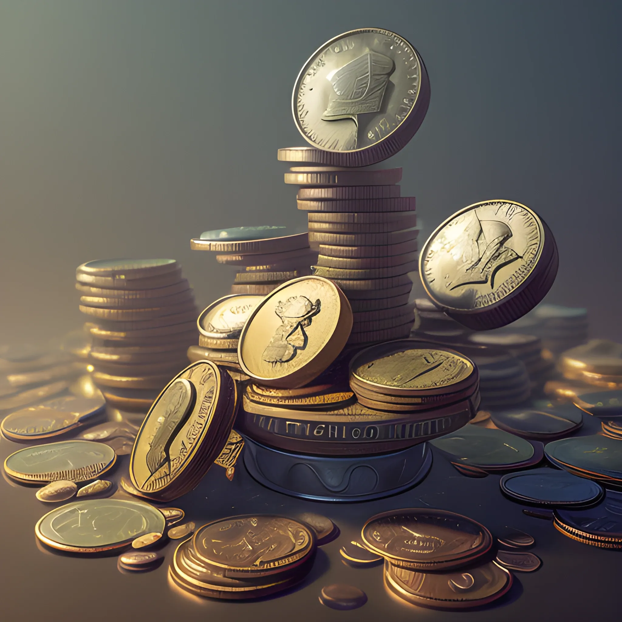 coins, many coins, a lot of coins, 8k, high resolution, high quality, photorealistic, hyperealistic, detailed, detailed matte painting, deep color, fantastical, intricate detail, splash screen, complementary colors, fantasy concept art, 8k resolution trending on Artstation Unreal Engine 5