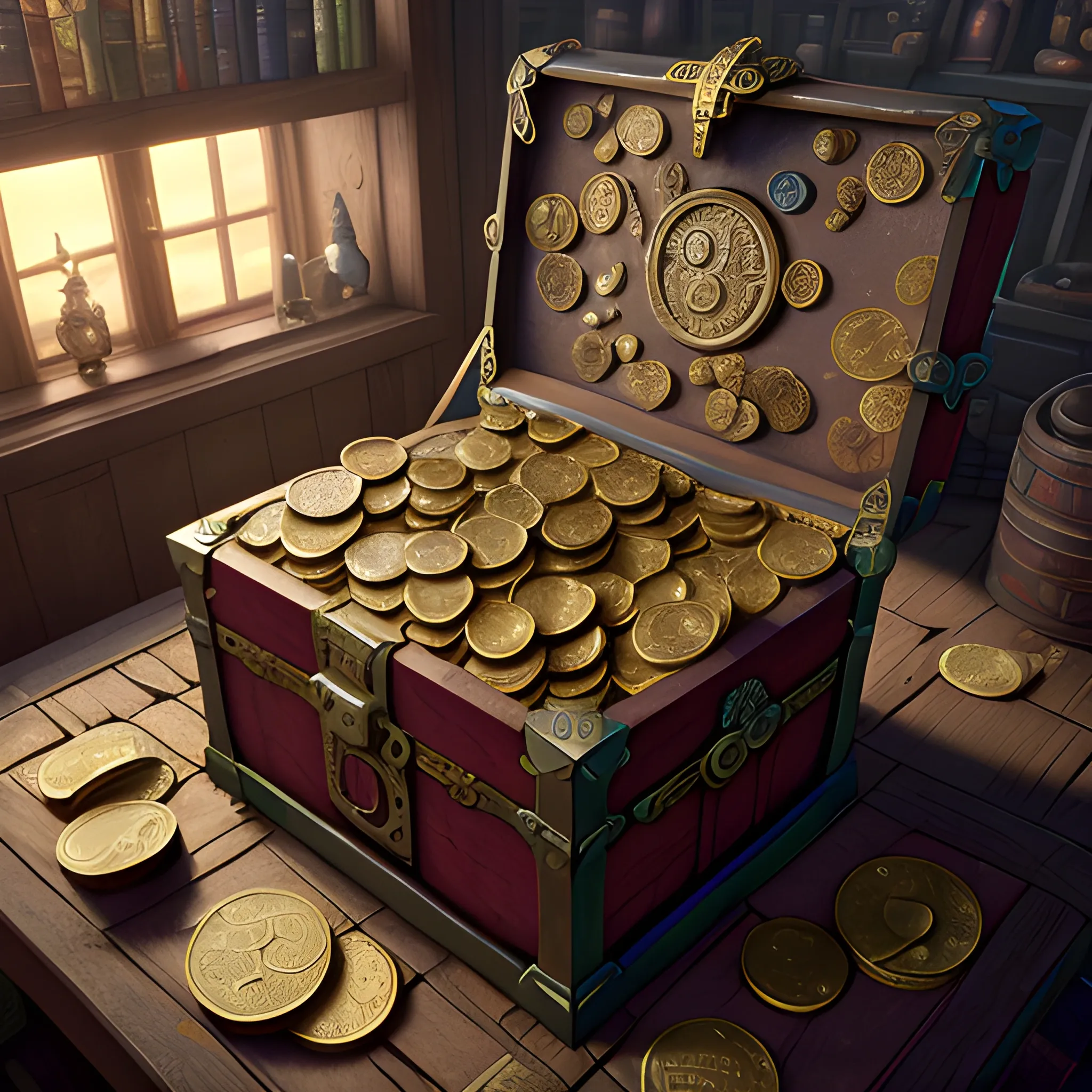 treasure, Chest is full of coins, tons of coins, many coins, a lot of coins, 8k, high resolution, high quality, photorealistic, hyperealistic, detailed, detailed matte painting, deep color, fantastical, intricate detail, splash screen, complementary colors, fantasy concept art, 8k resolution trending on Artstation Unreal Engine 5