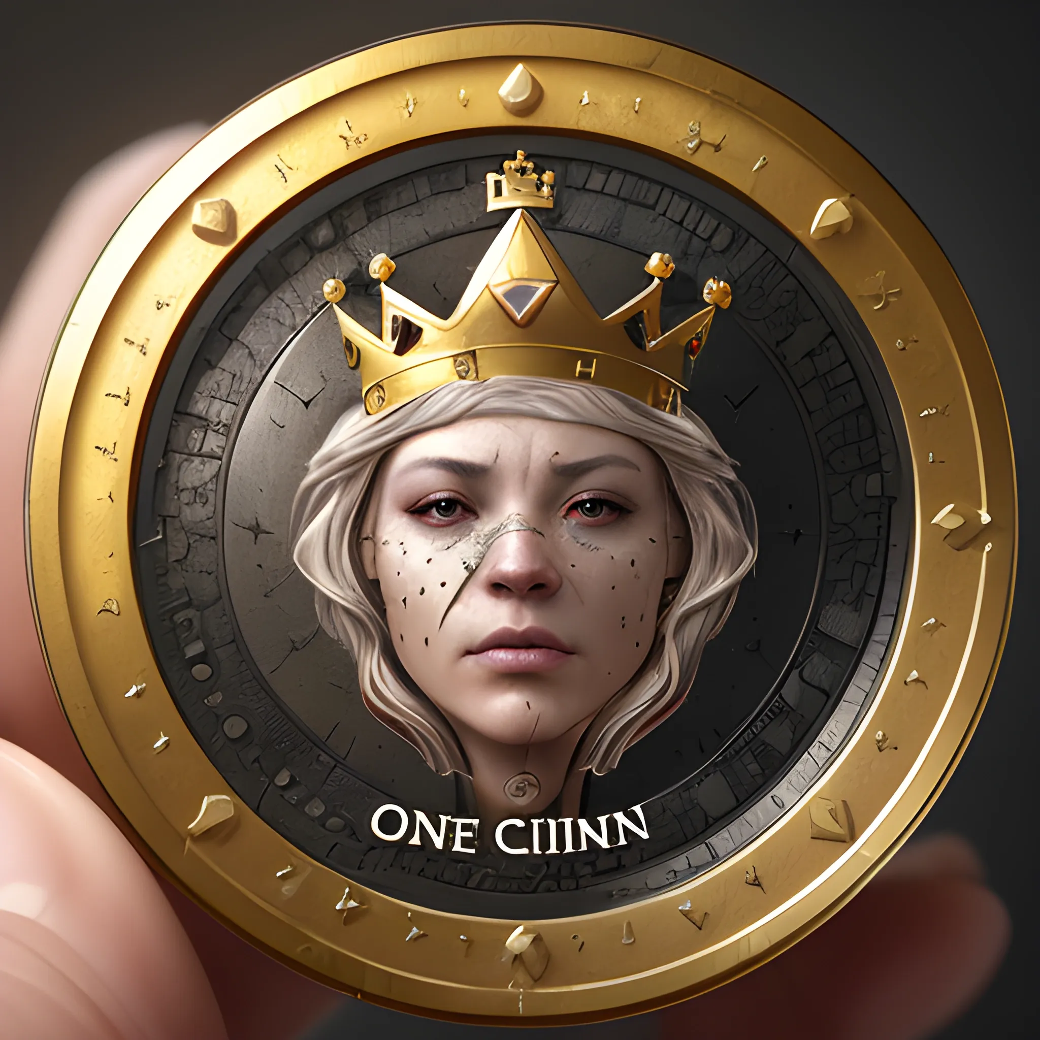 one coin, one coin with a crown on the reverse 8k, high resolution, high quality, photorealistic, hyperealistic, detailed, detailed matte painting, deep color, fantastical, intricate detail, splash screen, complementary colors, fantasy concept art, 8k resolution trending on Artstation Unreal Engine 5