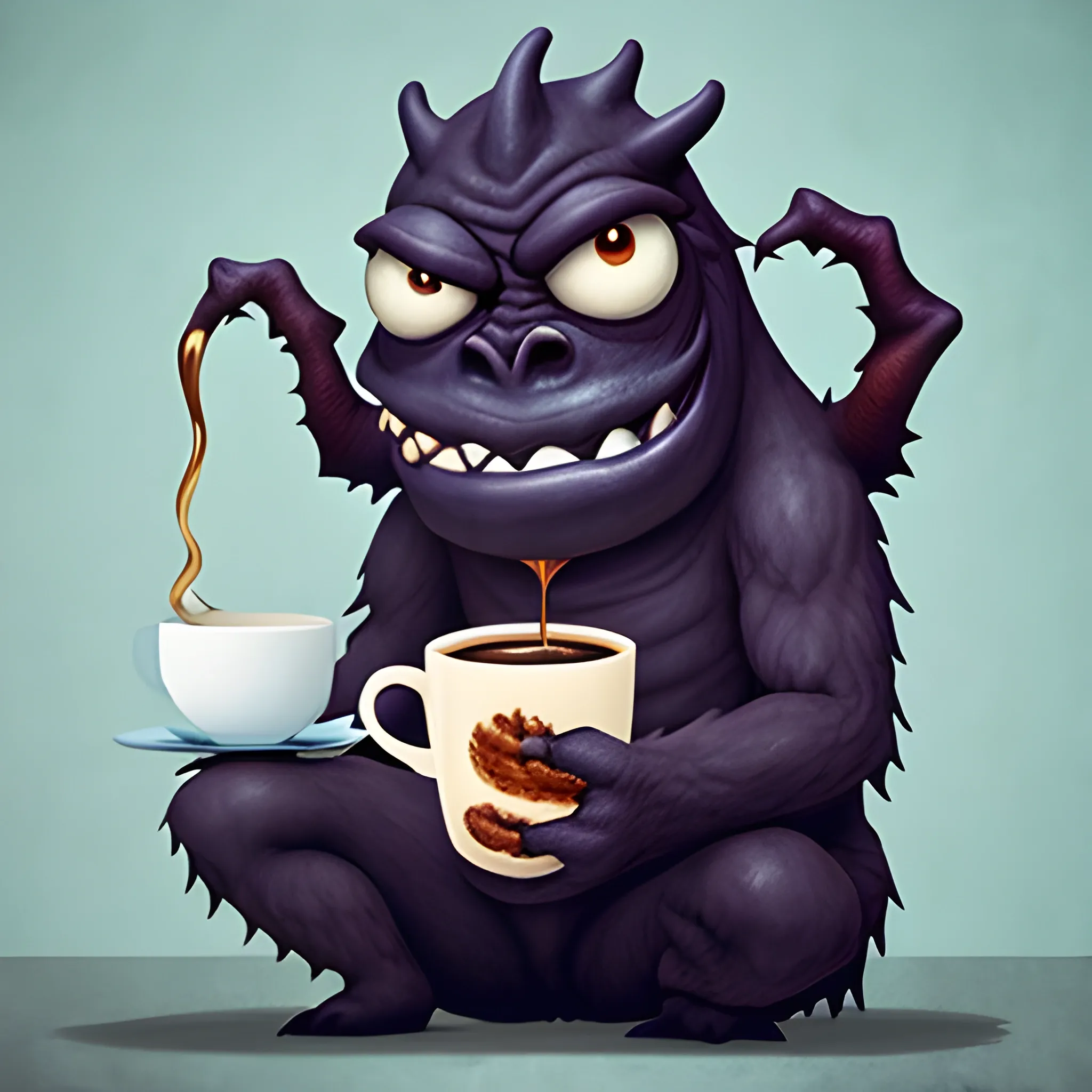 Monster drinking coffee