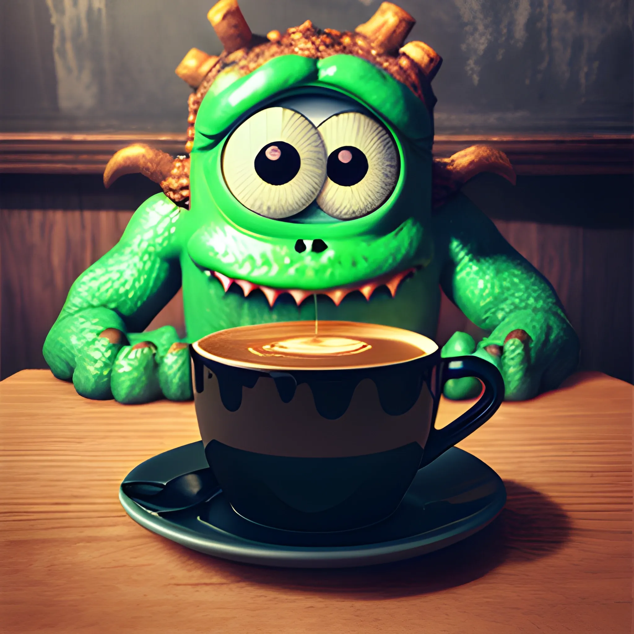 Monster drinking coffee