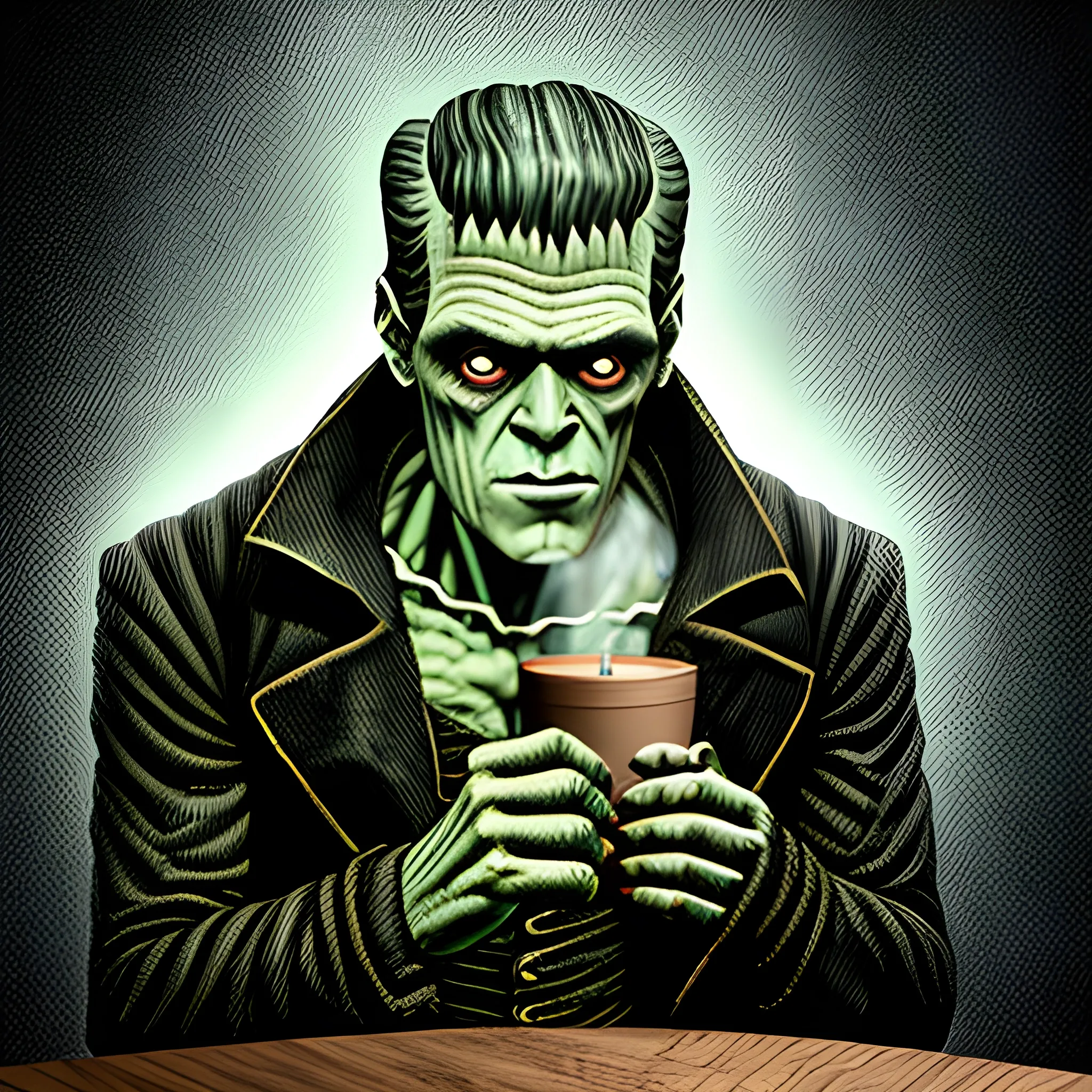 Frankenstein Monster drinking coffee
