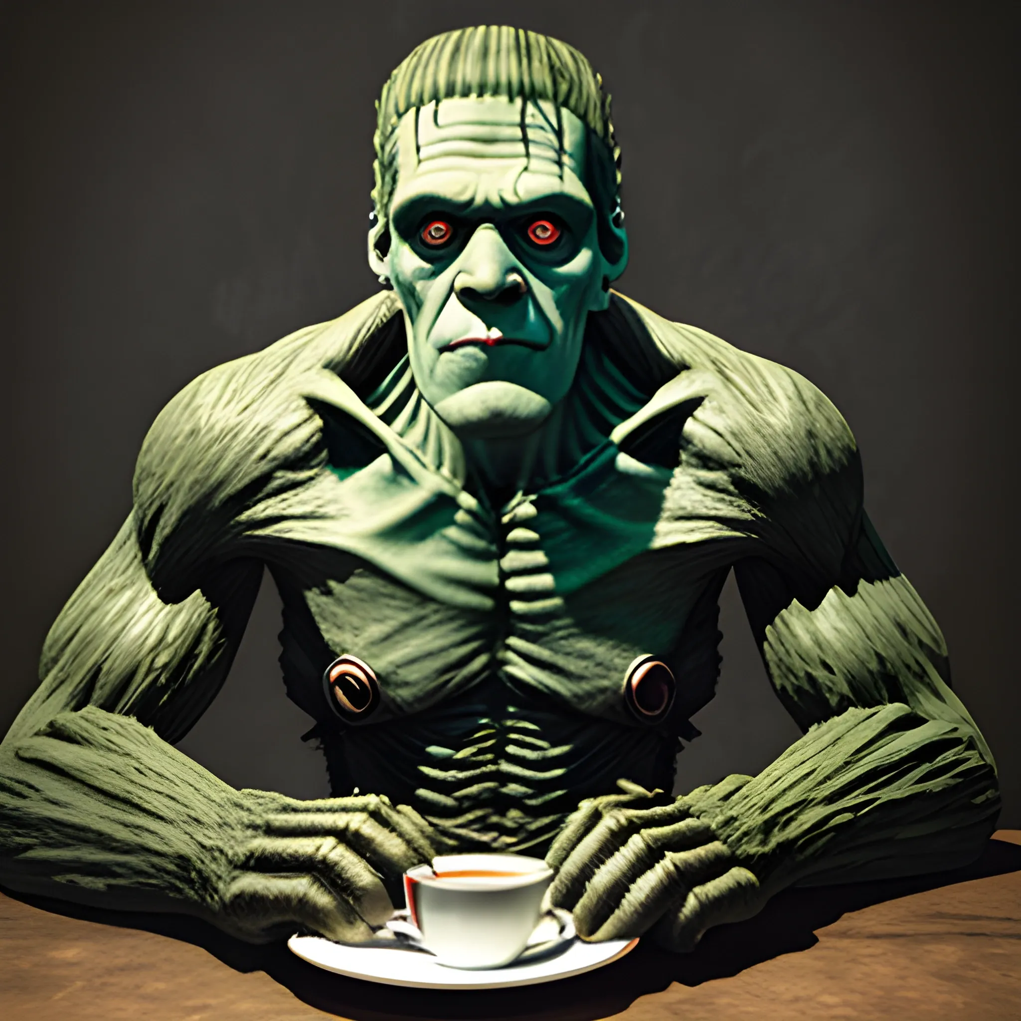 Frankenstein Monster drinking coffee