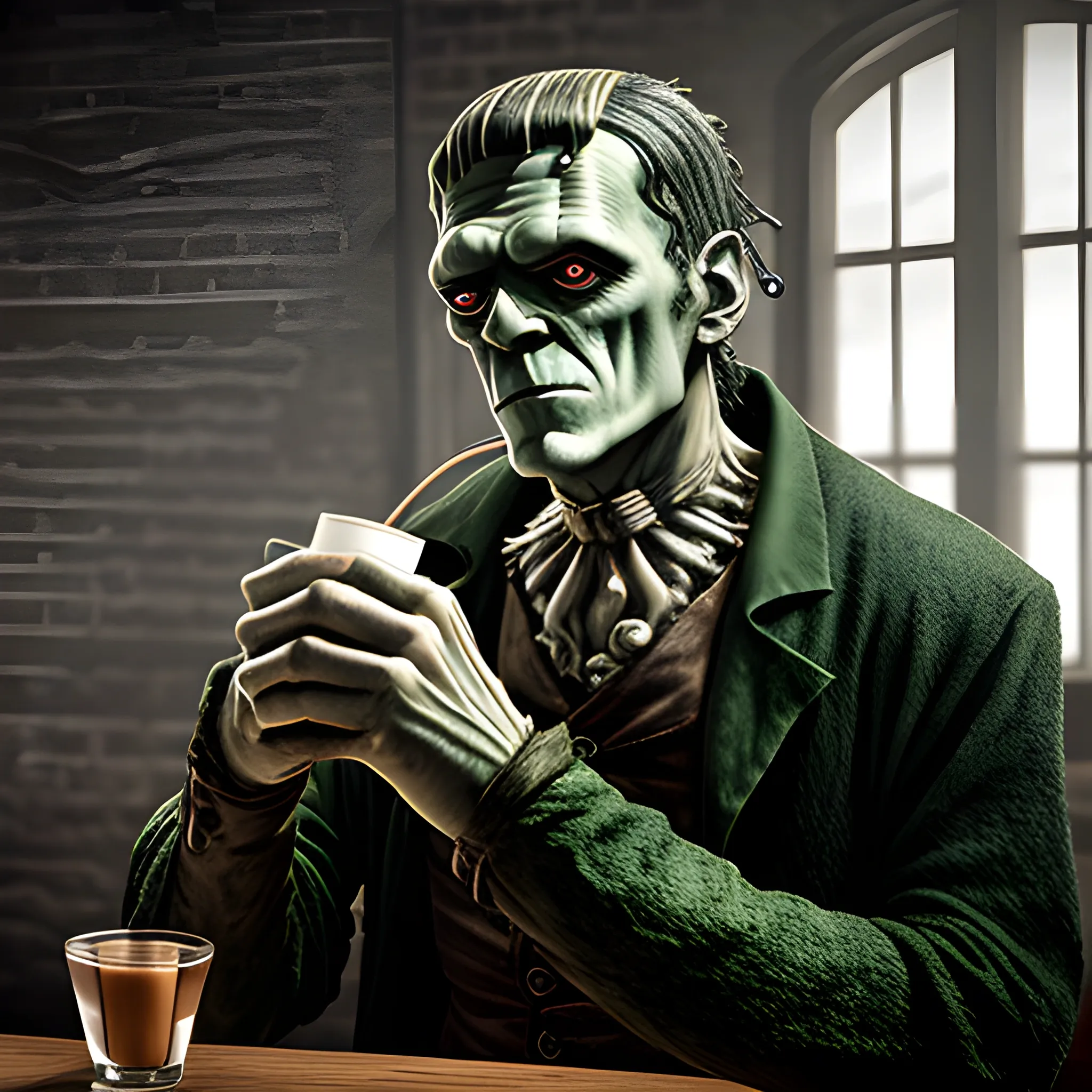 Frankenstein Monster drinking coffee