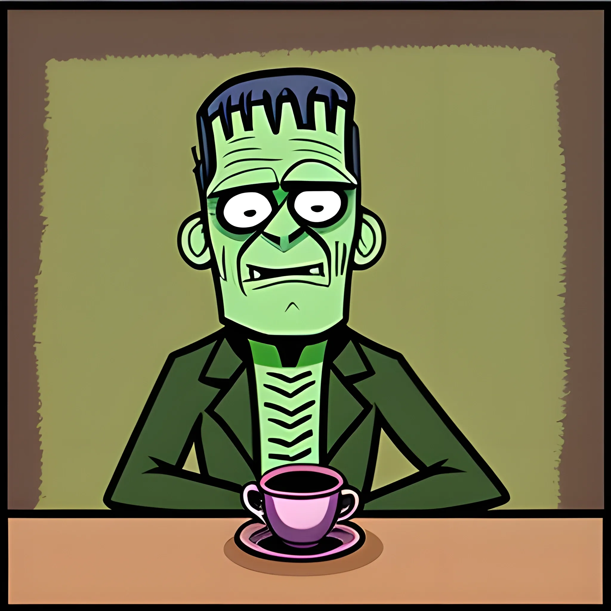 Frankenstein Monster drinking coffee, Cartoon