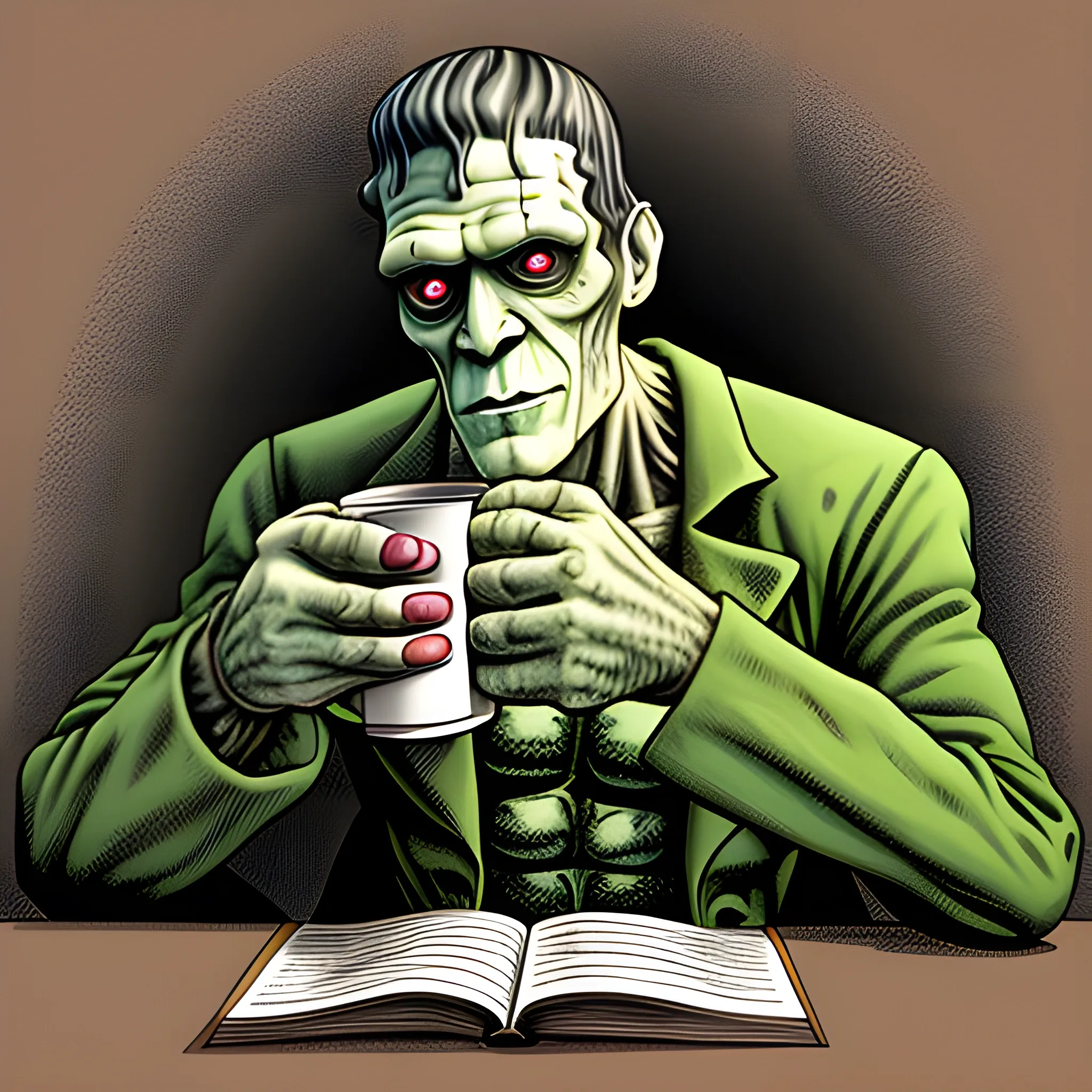 Frankenstein Monster drinking coffee, illustration 