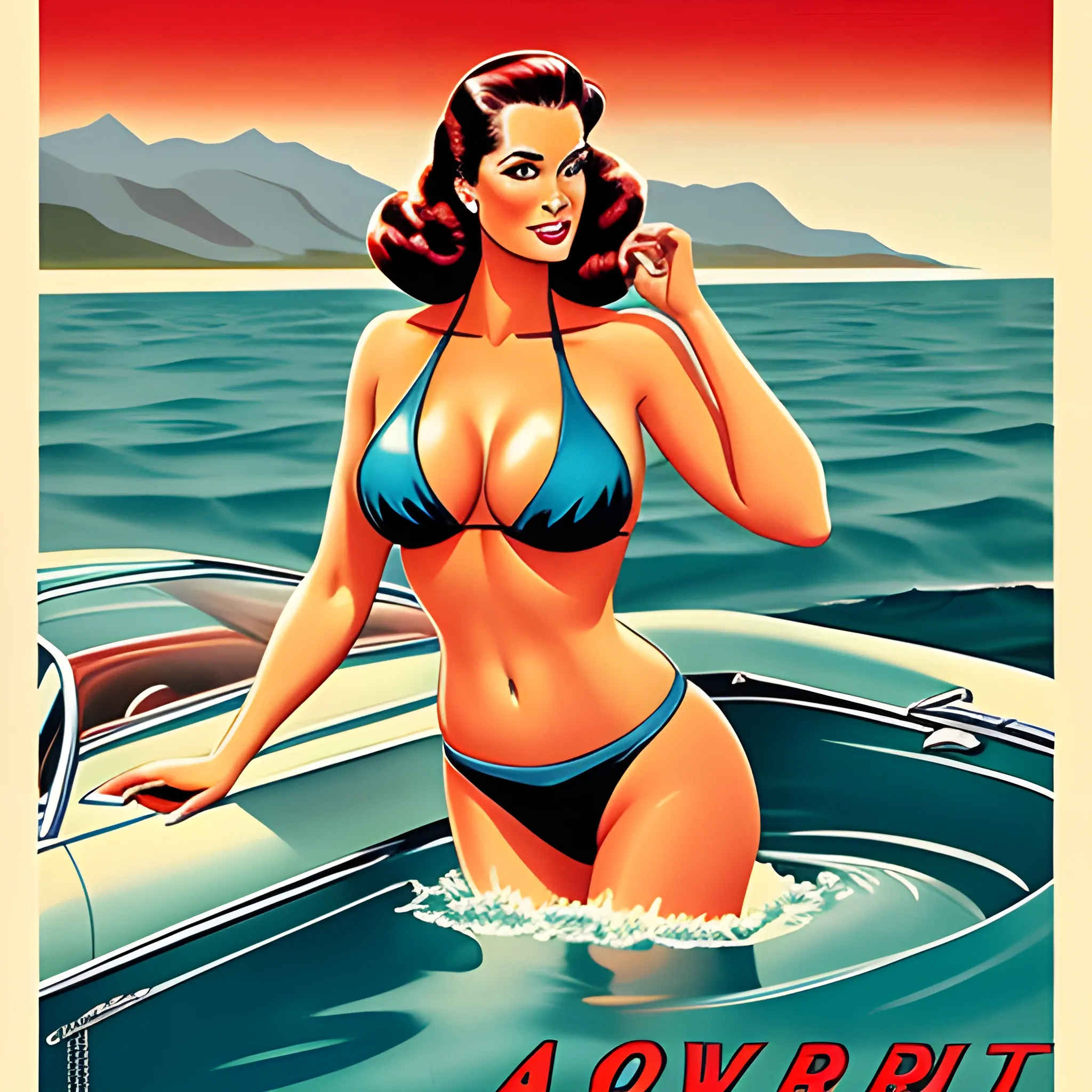 Girl bikini washing corvette vintage poster