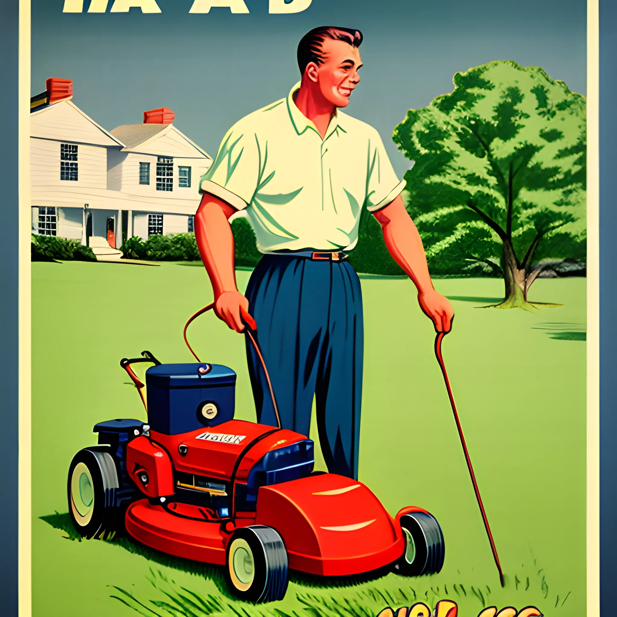 1950s dad mowing lawn vintage poster