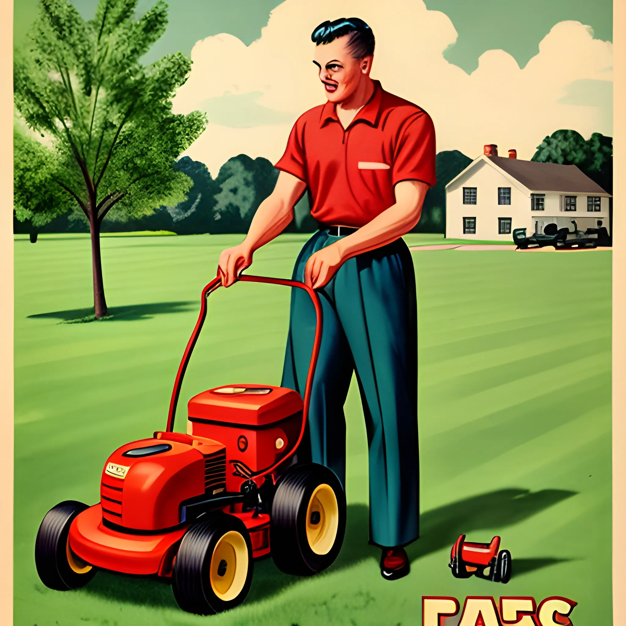 1950s dad mowing lawn vintage poster