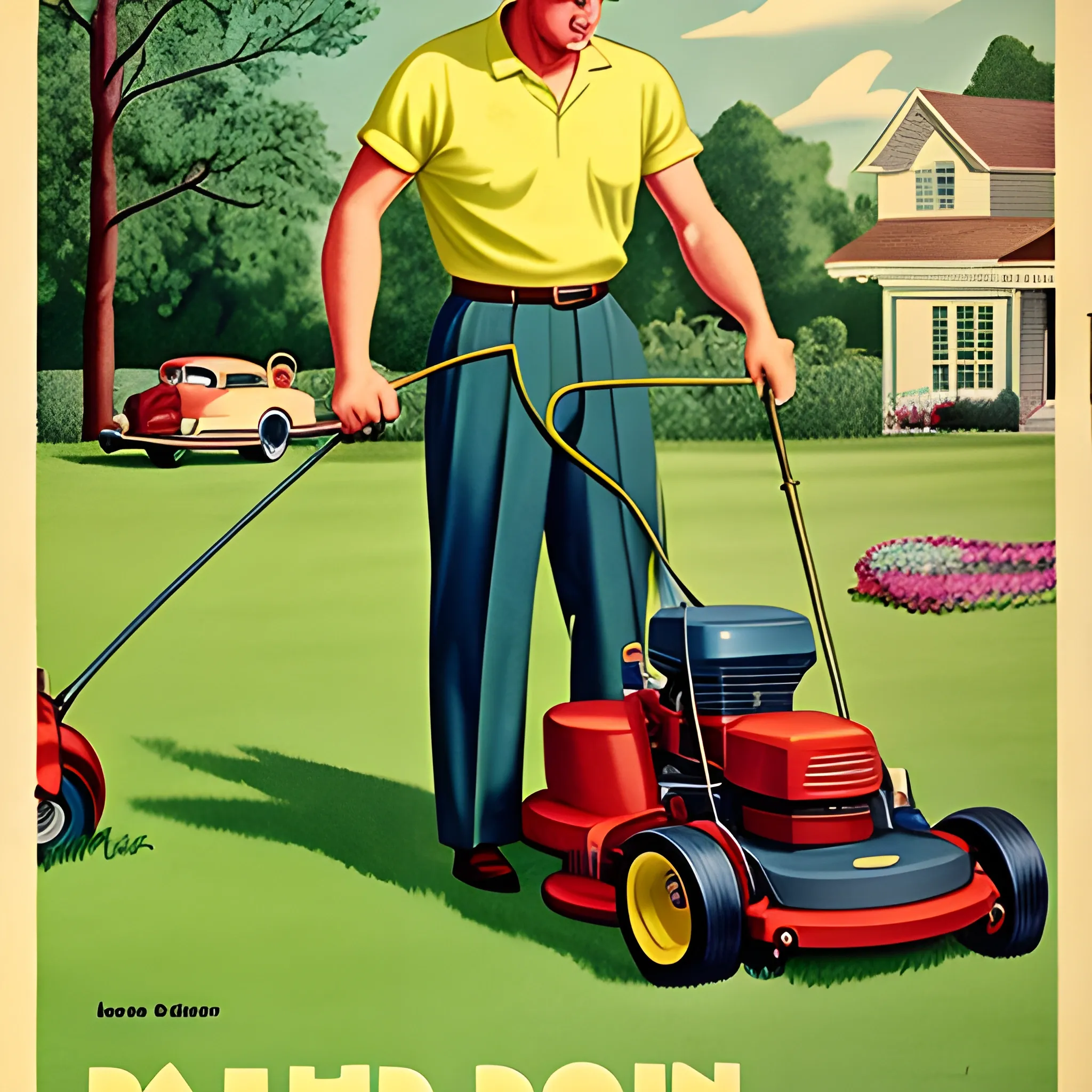 1950s dad mowing lawn vintage poster