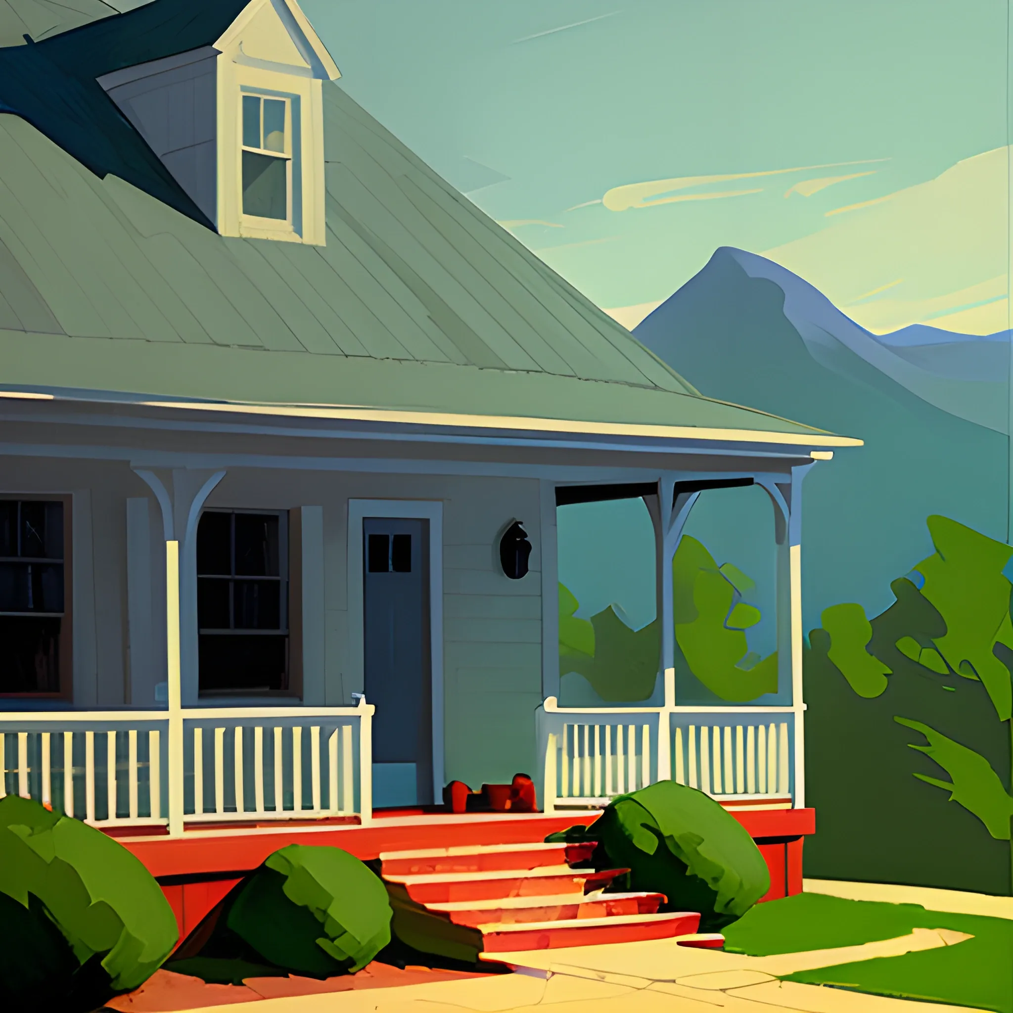view of cottage porch in mountain range, cottage core, very coherent, painted by Edward Hopper, painted by James Gilleard

