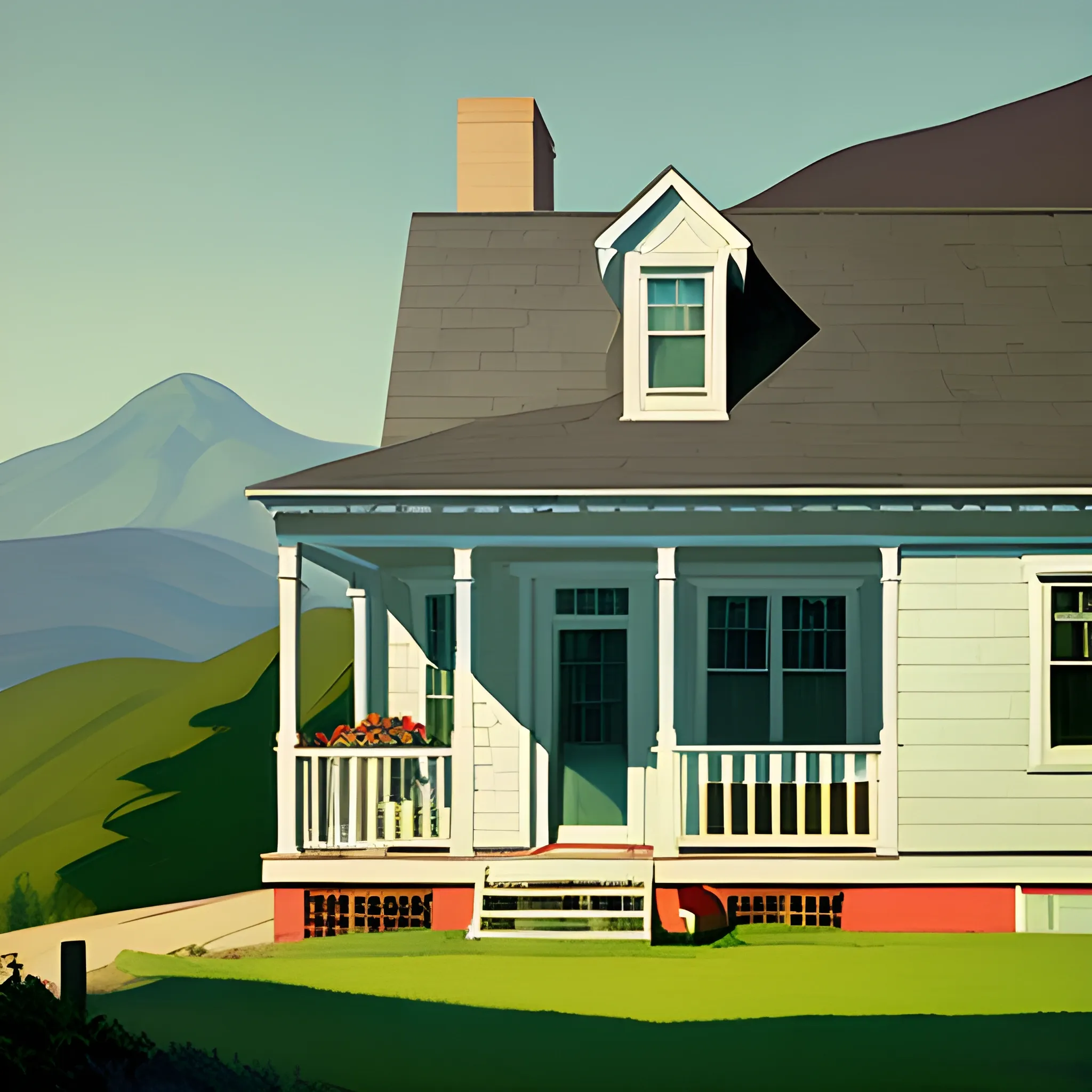 view of cottage porch in mountain range, cottage core, very coherent, painted by Edward Hopper, painted by James Gilleard

