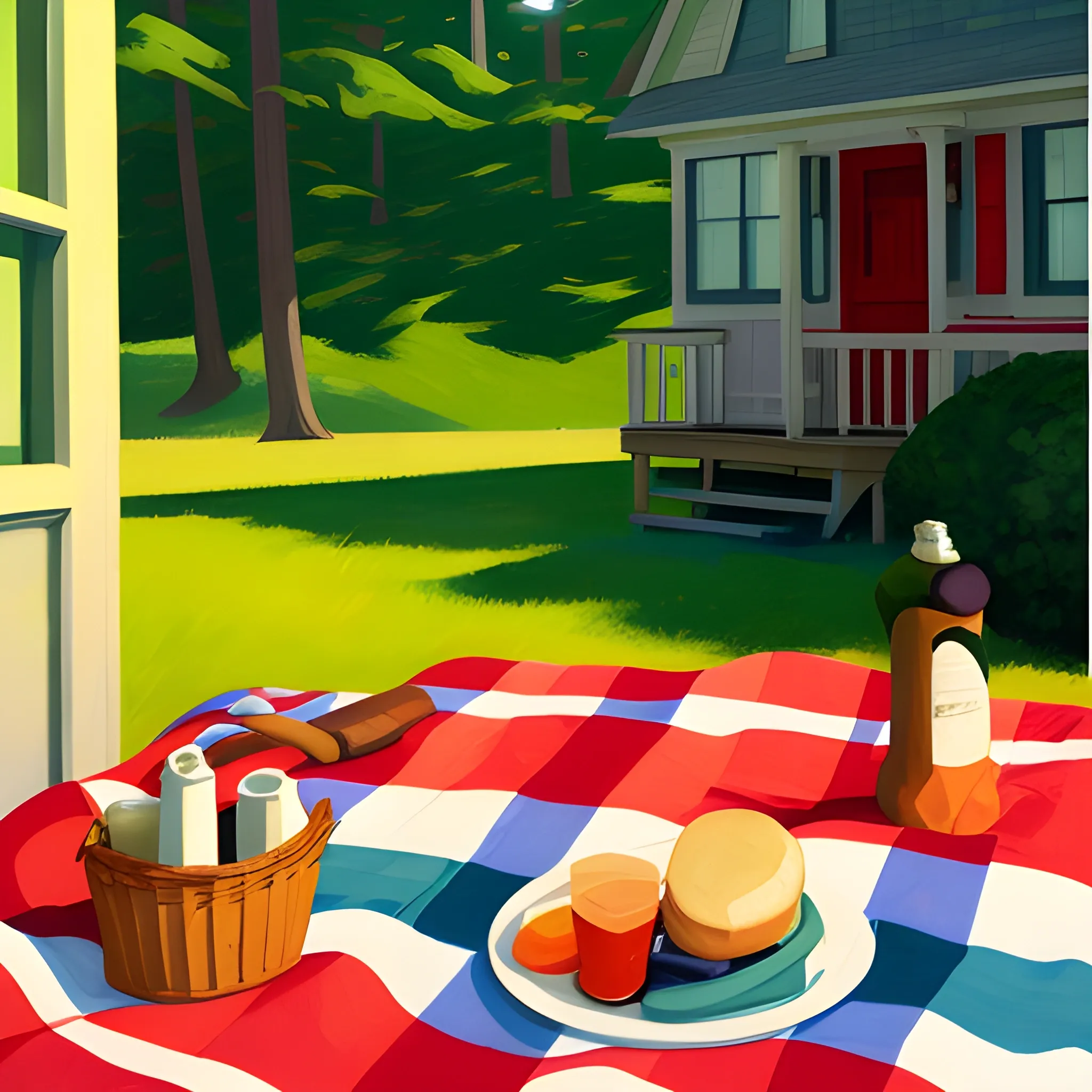 close up view of items on picnic blanket, cottage core, very coherent, painted by Edward Hopper, painted by James Gilleard
