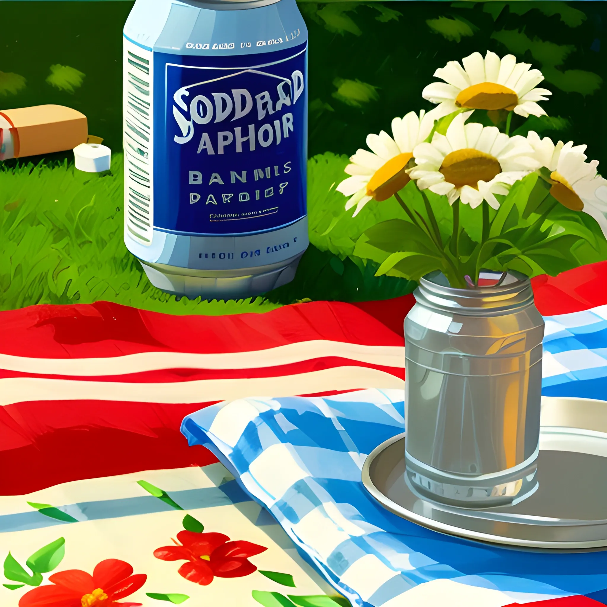 close up view of items on picnic blanket, soda, flowers, very coherent, painted by Edward Hopper, painted by James Gilleard
