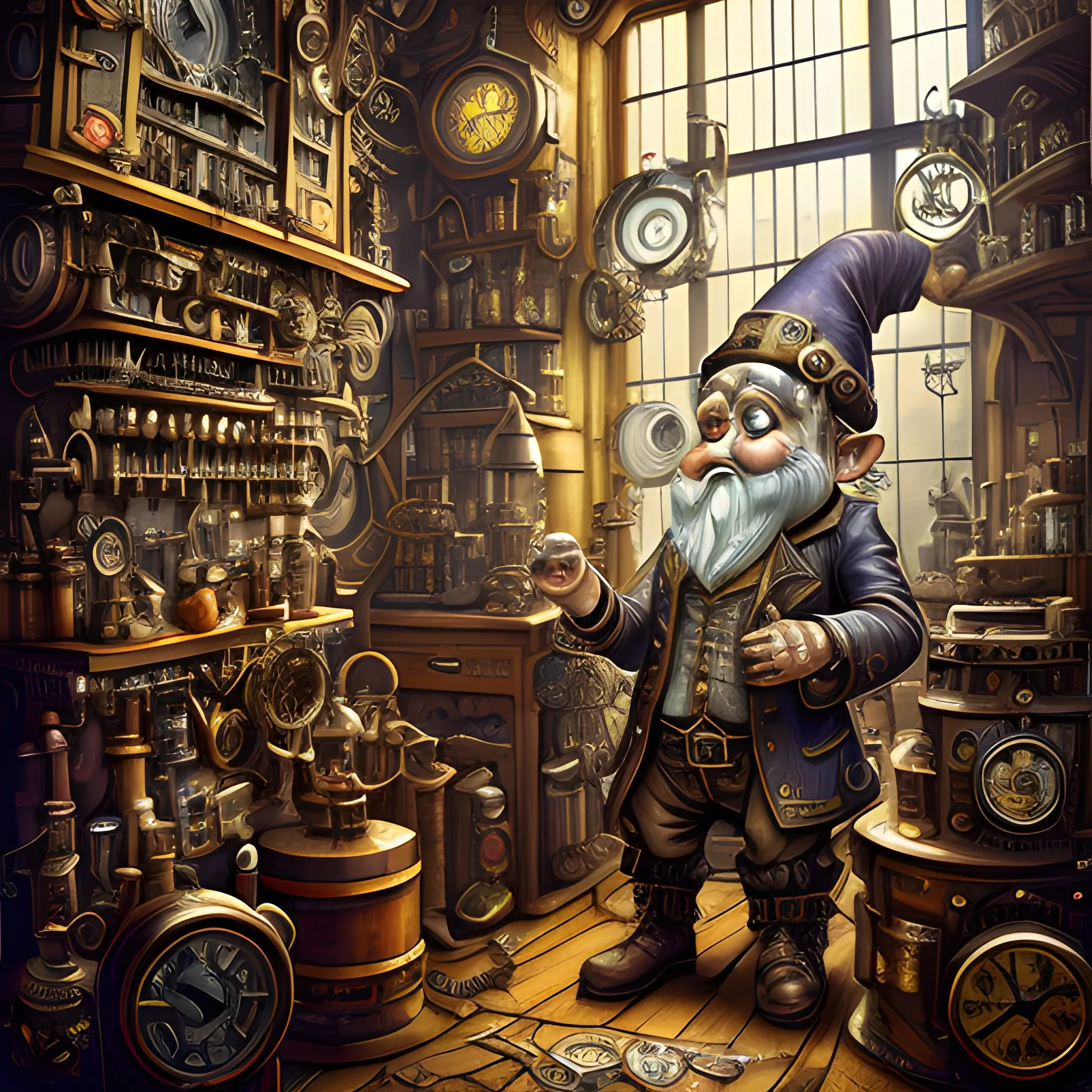 A steampunk-inspired digital illustration of a gnome inventor in a cluttered workshop, surrounded by intricate machinery and gears. The camera angle is a medium shot, capturing the gnome's enthusiastic expression as he tinkers with a fantastical contraption. The lighting is warm and atmospheric, with rays of sunlight streaming through stained glass windows, casting vibrant colors and ((shadows)) across the room. The style combines elements of steampunk and clock-punk, resembling the works of Jules Verne and H.R. Giger. The image is detailed and intricate, showcasing the gnome's ingenious inventions and the mesmerizing complexity of the steampunk world. It is a visually stunning artwork that captures the imagination.

