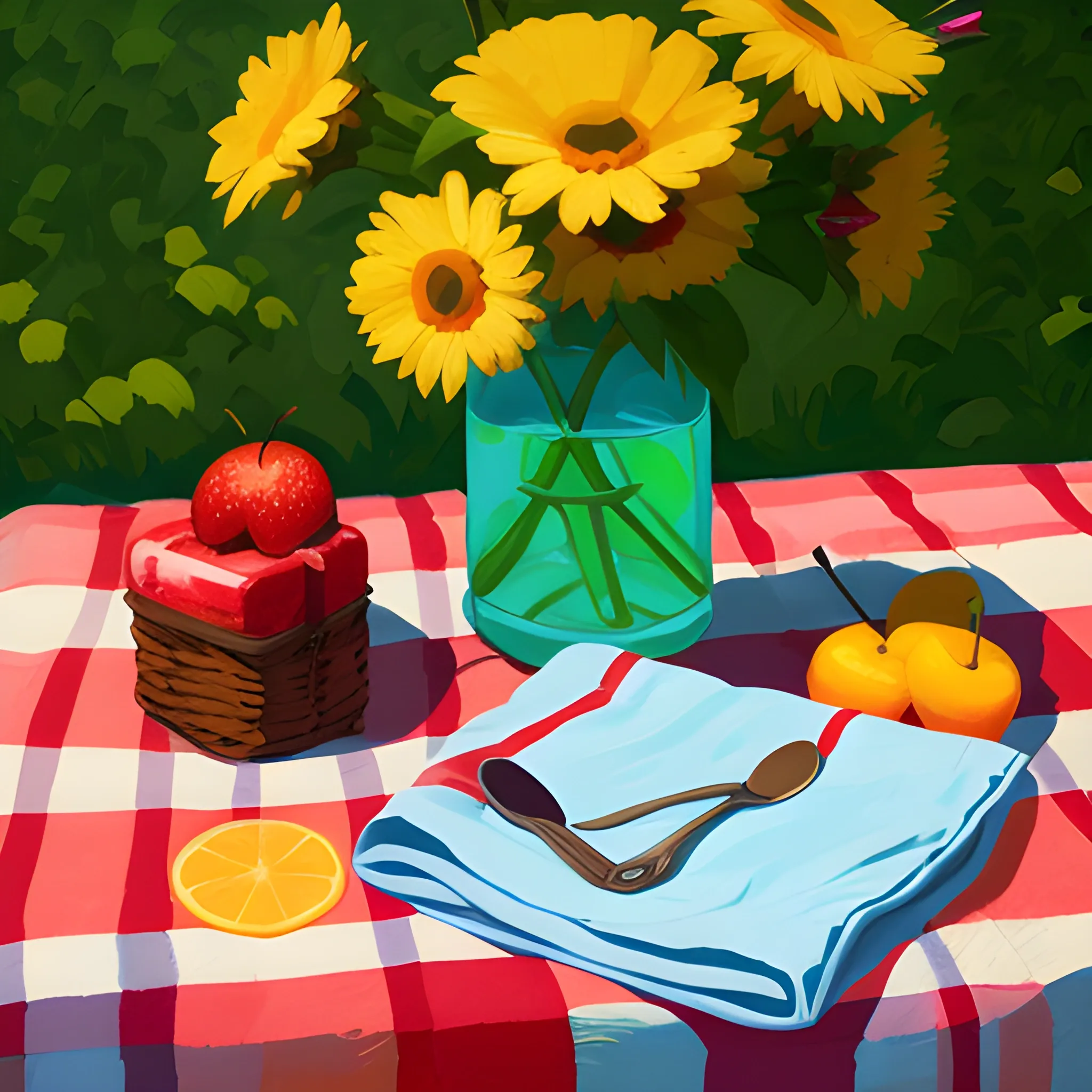 close up view of items on picnic blanket, fruit soda, flowers, very coherent, painted by Edward Hopper, painted by James Gilleard
