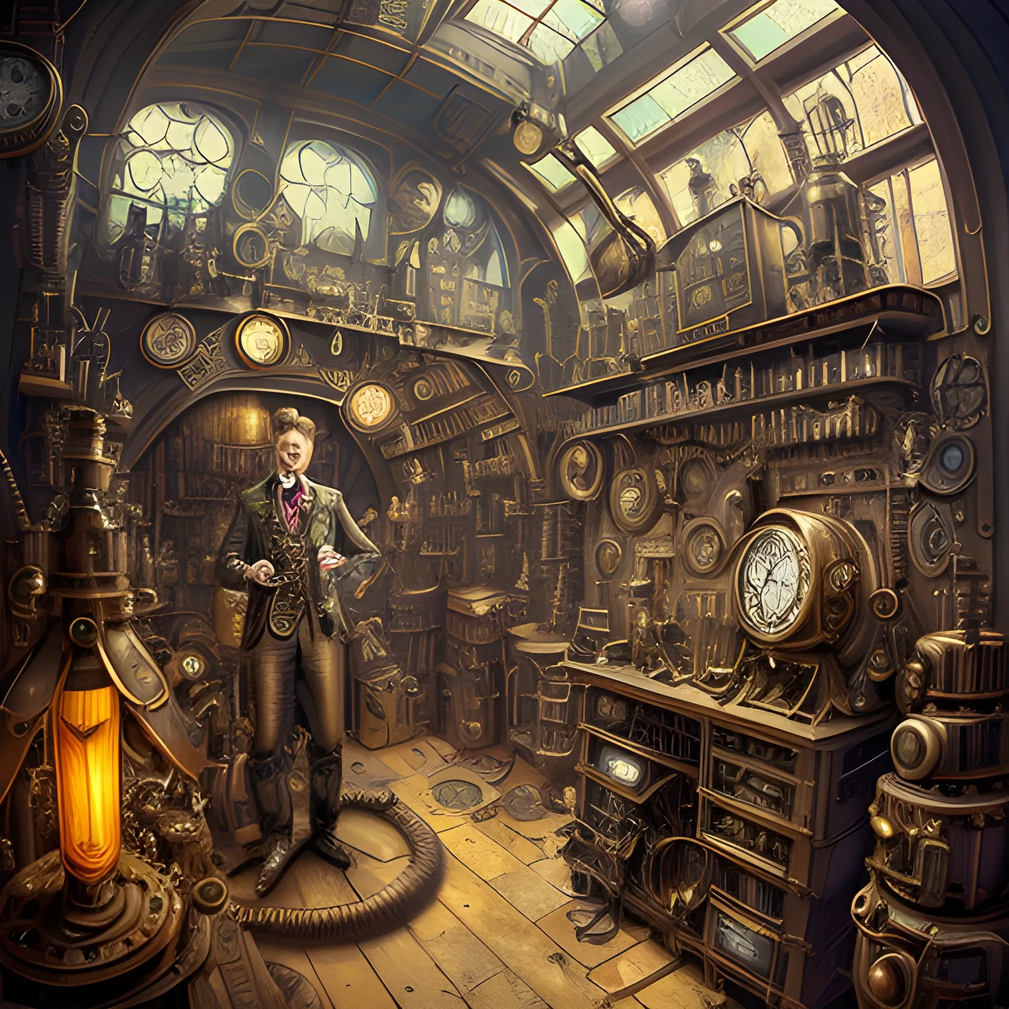 A steampunk-inspired digital illustration of a Airón man inventor in a cluttered workshop, surrounded by intricate machinery and gears. The camera angle is a medium shot, capturing the Airón man enthusiastic expression as he tinkers with a fantastical contraption. The lighting is warm and atmospheric, with rays of sunlight streaming through stained glass windows, casting vibrant colors and ((shadows)) across the room. The style combines elements of steampunk and clock-punk, resembling the works of Jules Verne and H.R. Giger. The image is detailed and intricate, showcasing the Airón man ingenious inventions and the mesmerizing complexity of the steampunk world. It is a visually stunning artwork that captures the imagination.

