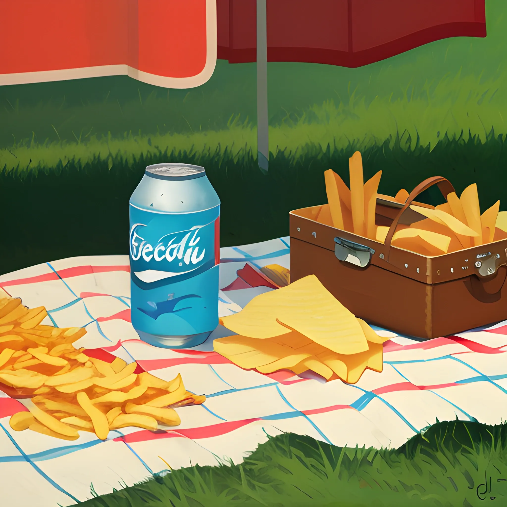 close up view of items on picnic blanket, soda, chips, very coherent, painted by Edward Hopper, painted by James Gilleard
