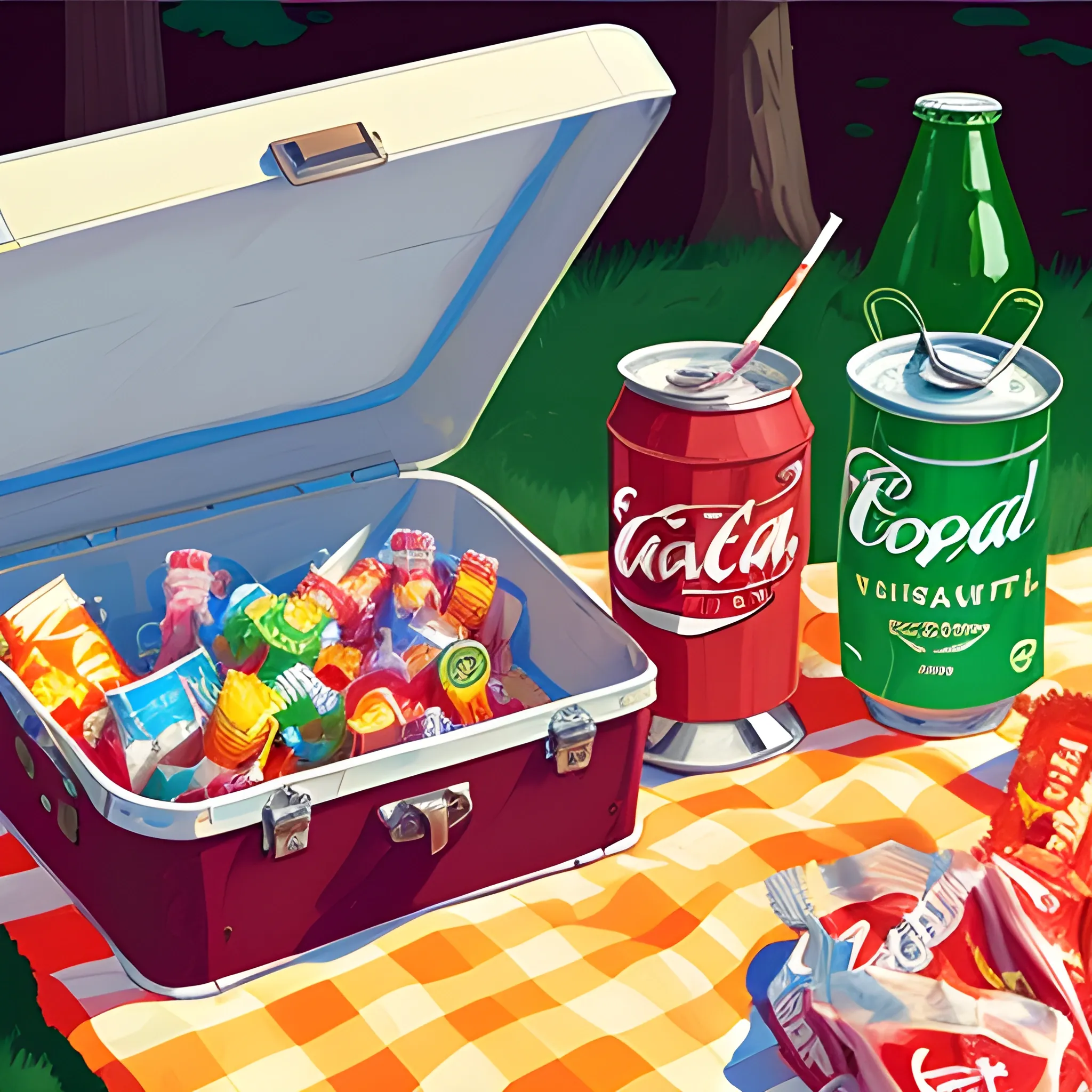 close up view of items on picnic blanket, soda, candy, very coherent, painted by Edward Hopper, painted by James Gilleard
