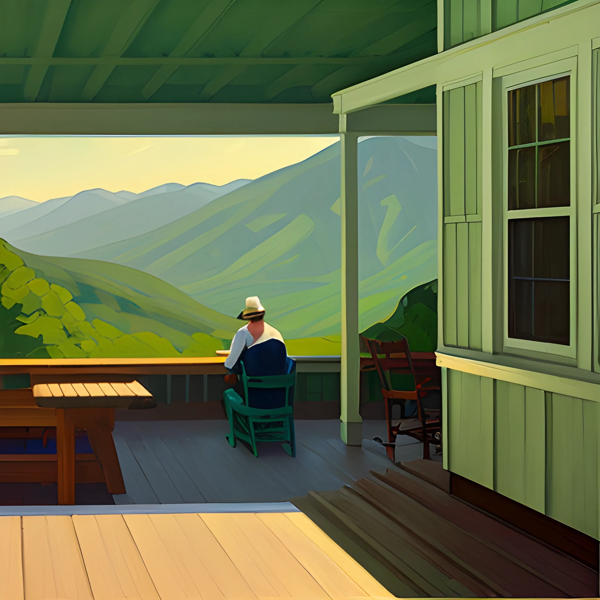 view of cottage porch in mountain range, cottage core, figurative, painted by Edward Hopper, painted by James Gilleard
