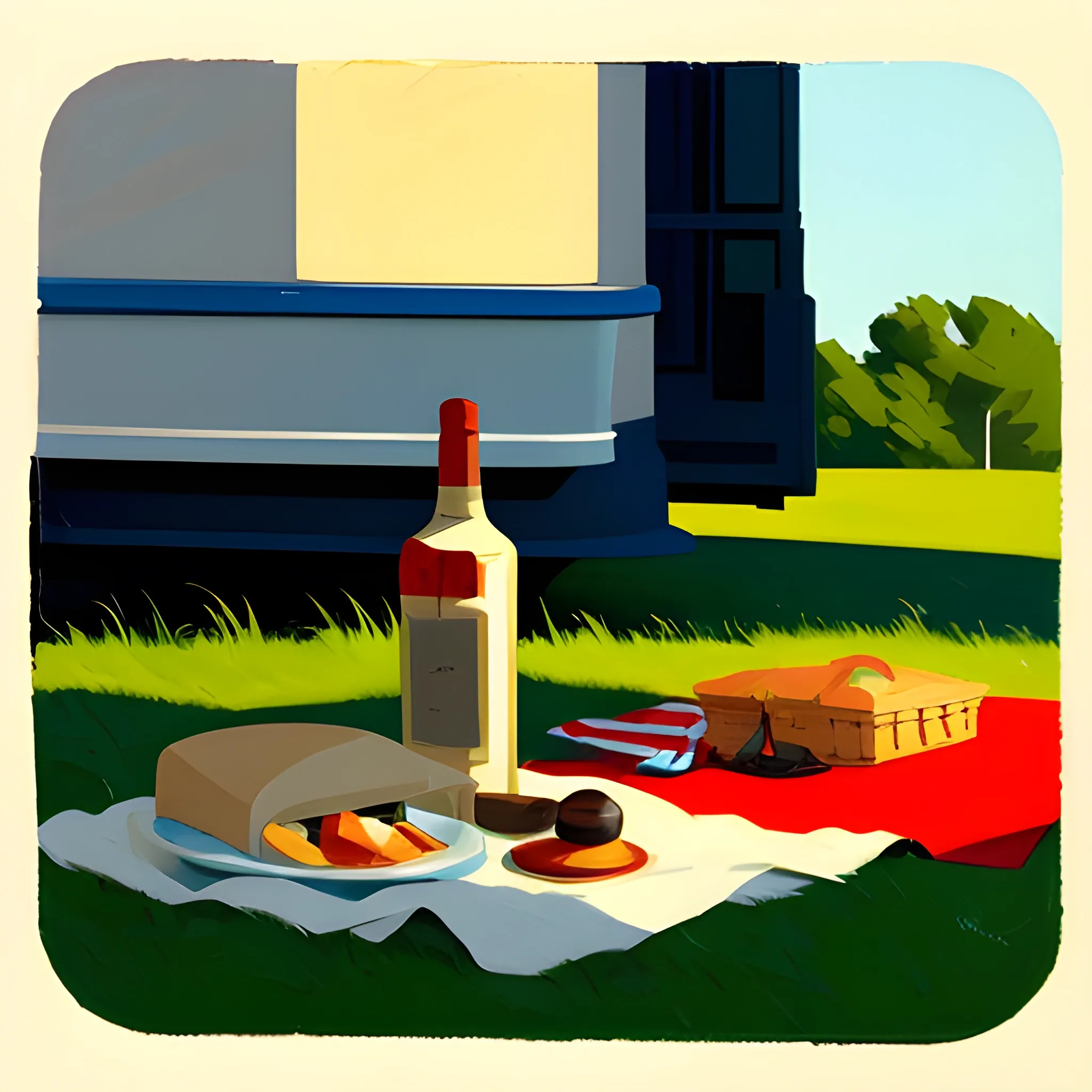 close up view of items on picnic blanket, very coherent, painted by Edward Hopper, painted by James Gilleard
