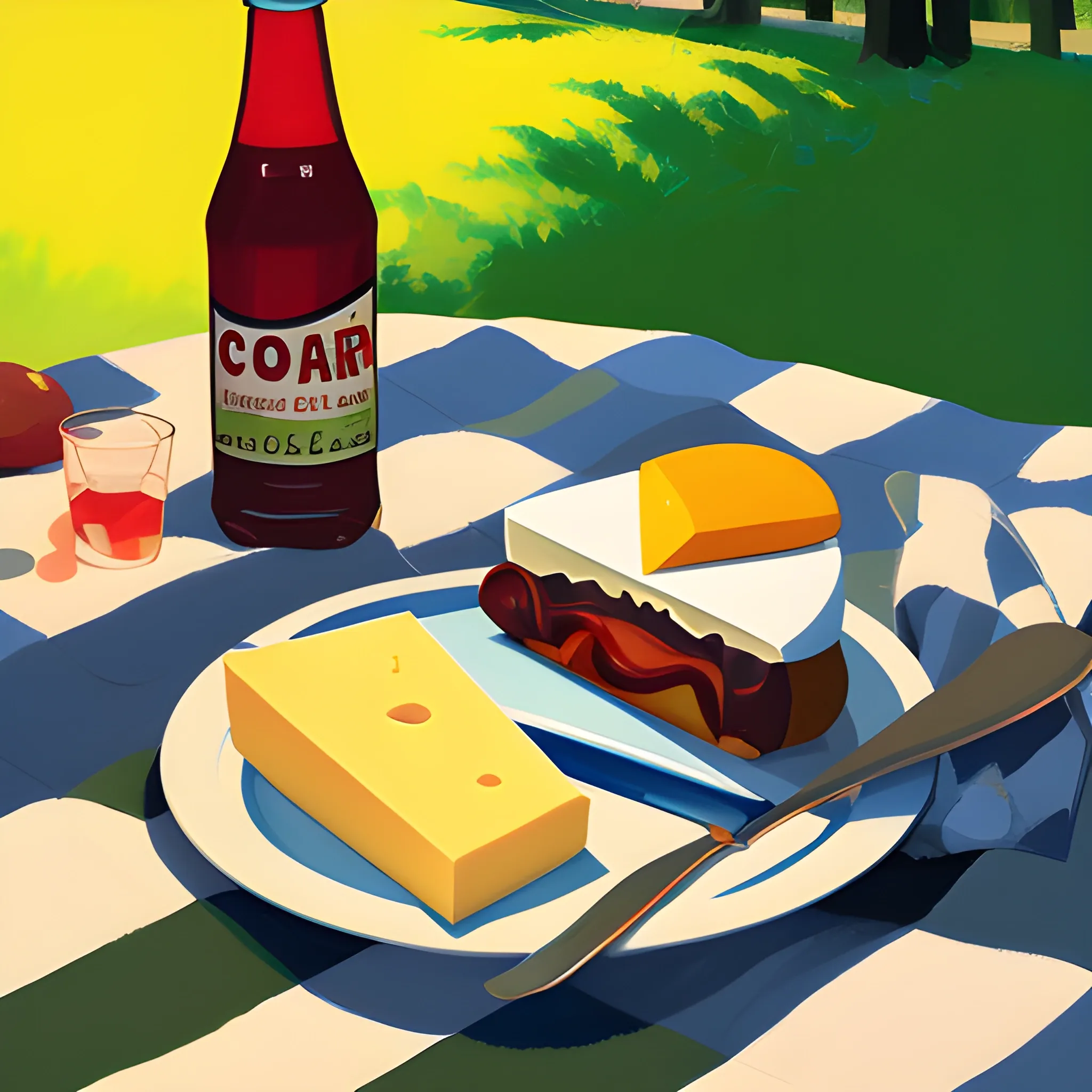 close up view of items on checkered picnic blanket, soda, cheese plate, very coherent, painted by Edward Hopper, painted by James Gilleard

