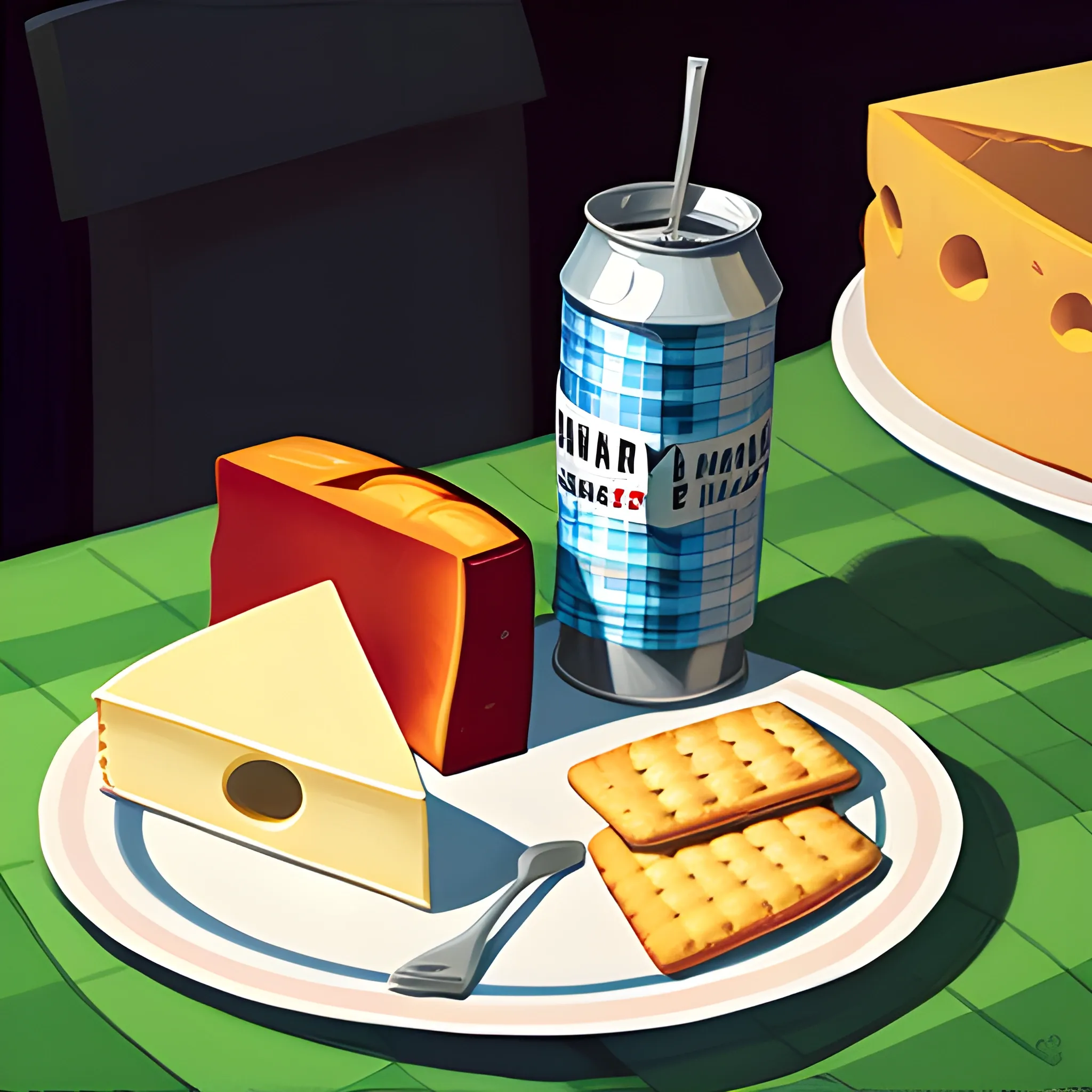 close up view of items on checkered picnic blanket, soda, cheese and crackers plate, very coherent, painted by Edward Hopper, painted by James Gilleard
