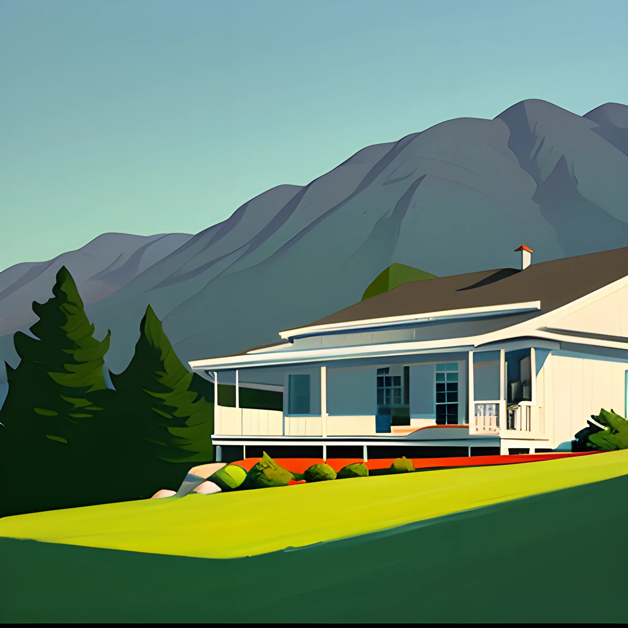 view of small house in mountain range, cottage core, figurative, painted by Edward Hopper, painted by James Gilleard
