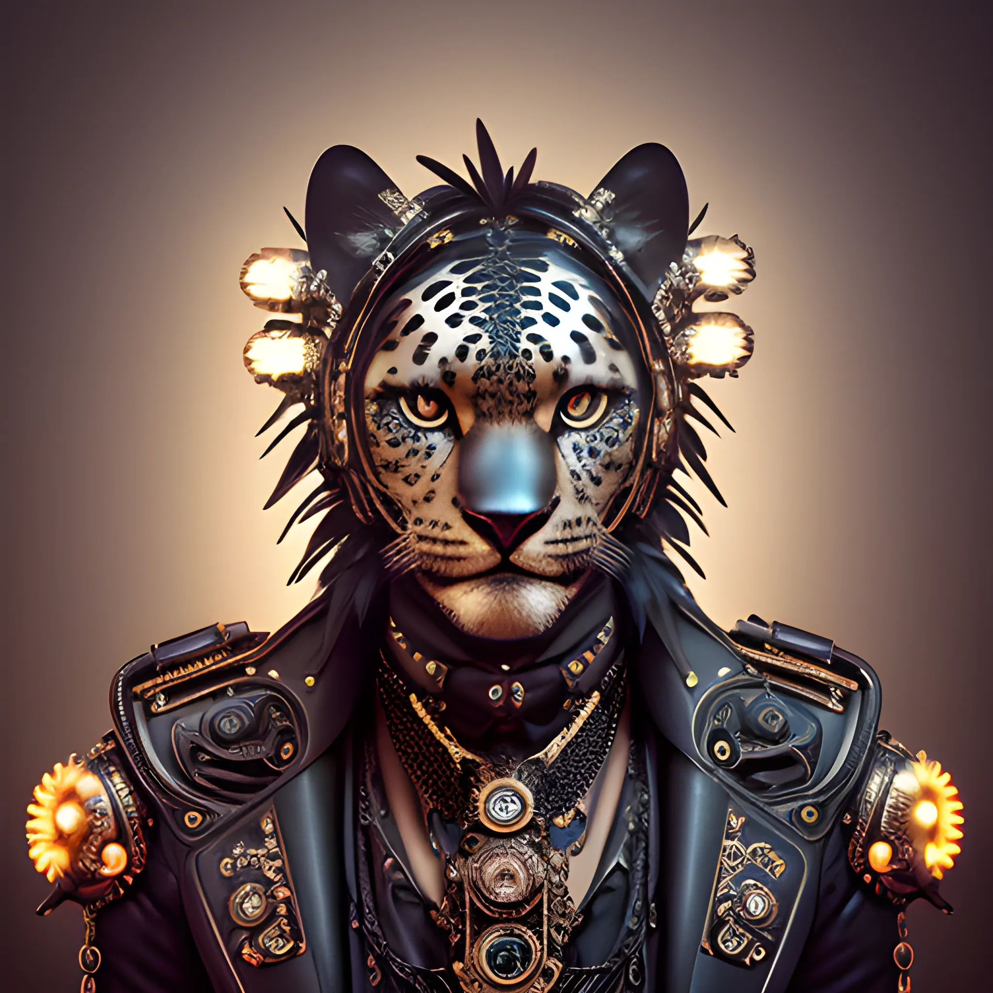 photorealistic steampunk jaguar anthropomorphic, black feathers