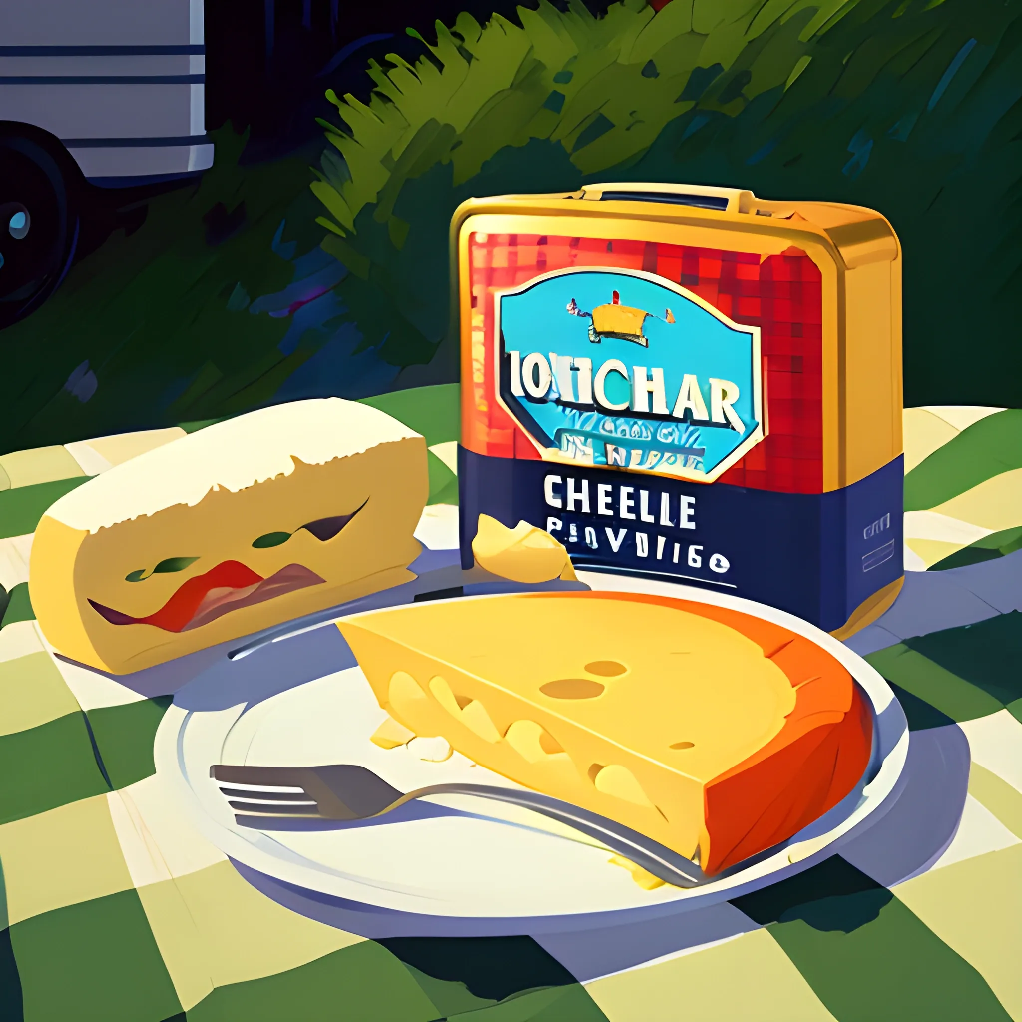 close up view of items on checkered picnic blanket, pop can, cheese plate, very coherent, painted by Edward Hopper, painted by James Gilleard
