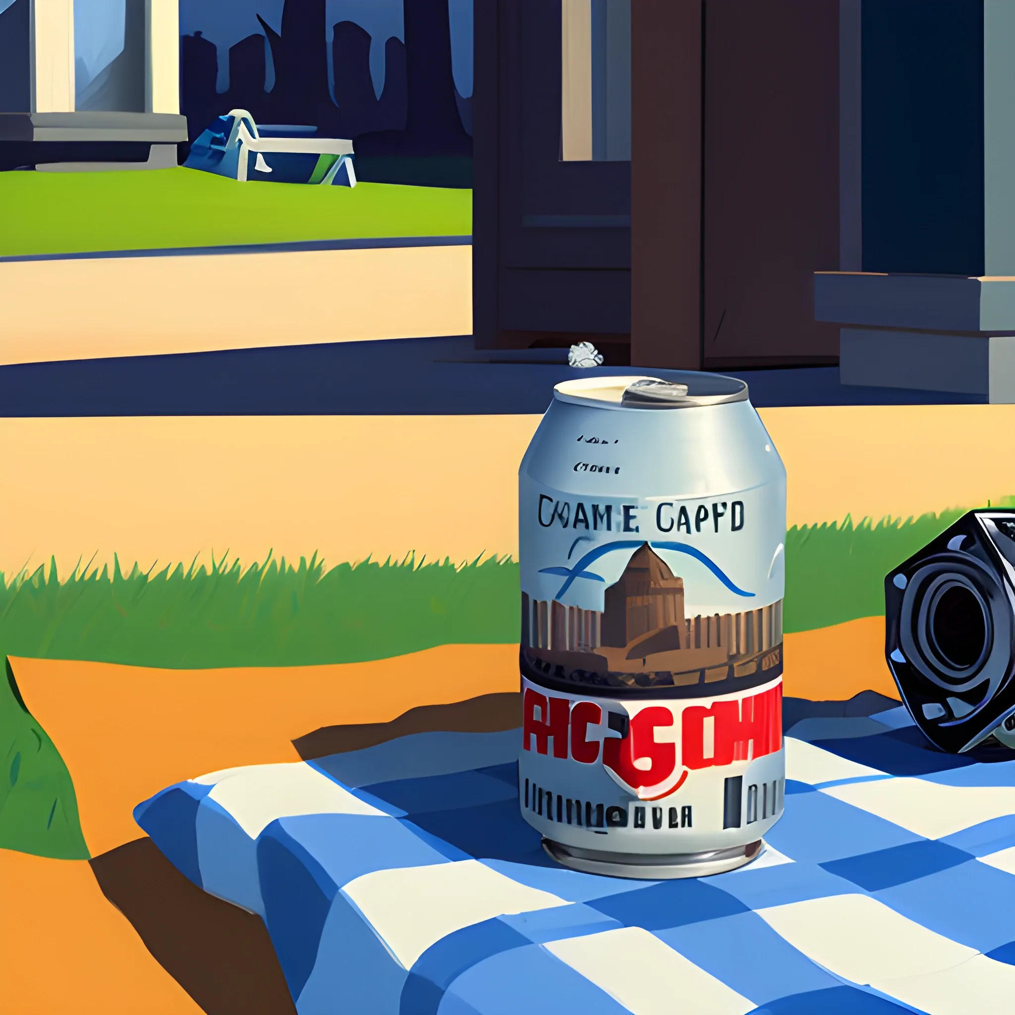 close up view of items on checkered picnic blanket, pop can, very coherent, painted by Edward Hopper, painted by James Gilleard
