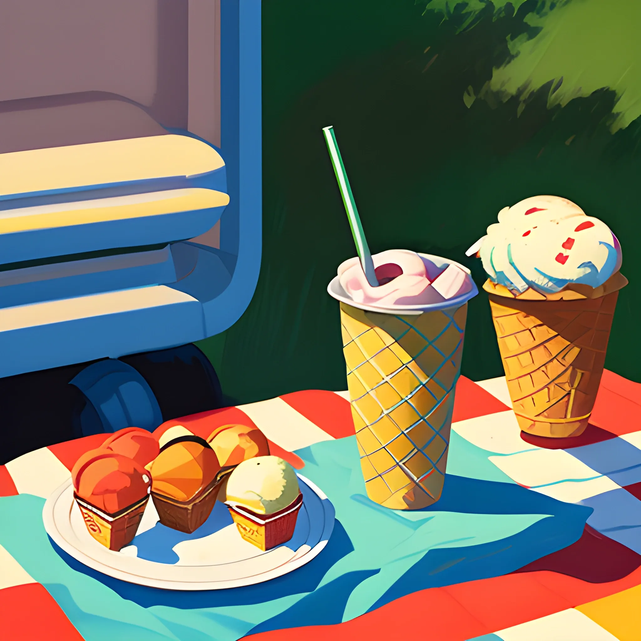 close up view of items on checkered picnic blanket, soda, ice cream, very coherent, painted by Edward Hopper, painted by James Gilleard

