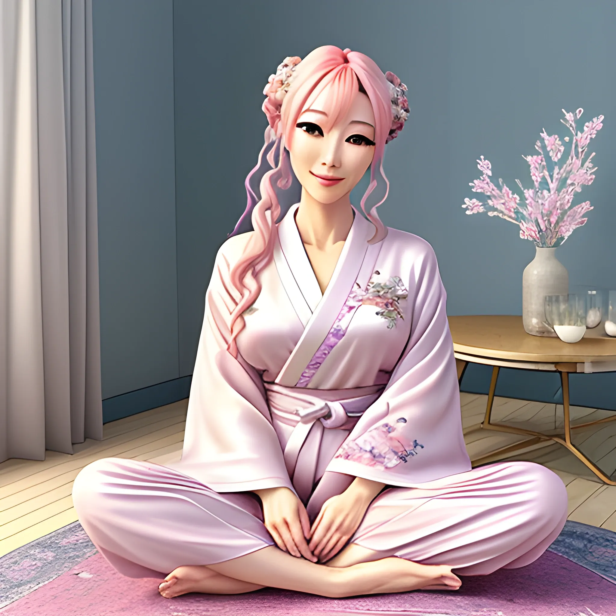 a delicate and radiant anime girl. She has long, soft, pastel pink hair cascading down to her waist. Her large, expressive eyes shine with curiosity and kindness, accentuated with subtle glimmers of bright eyeshadow.

In this image, Ayumi is seated in a cozy room, illuminated by soft, dim light that creates a warm and relaxing ambiance. The room is adorned with subtle elements of Oriental inspiration, such as pastel silk curtains and decorative cushions with floral patterns.

Ayumi is surrounded by ASMR accessories and thematic objects. Beside her, there is a crystal bowl filled with colorful marbles that reflect the light in a magical way. Around her, small glass jars display different natural elements, such as seashells, dried leaves, and smooth stones.

The young girl is dressed in an elegant silk kimono that combines soft shades of pink and blue. The kimono features delicate embroidered flower details that add a touch of sophistication. Ayumi gracefully holds a crumpled piece of paper in her hand, ready to create the beloved crisp sounds that her followers adore.

Ayumi's expression is calm and serene as she gazes directly at the camera with a gentle, kind smile. She emanates a sense of calmness and inner peace, inviting viewers to immerse themselves in a moment of relaxation and tranquility.

The background of the image consists of subtle pastel watercolor strokes, evoking a soft and dreamlike atmosphere. Small flowers and butterflies appear to float in the air, adding a touch of magic to the scene.

Overall, this image captures Ayumi's beauty and serenity as she creates her ASMR content. It is a lovely visual representation that conveys peace, relaxation, and a magical connection to the world of ASMR and inner tranquility., Cartoon, Cartoon