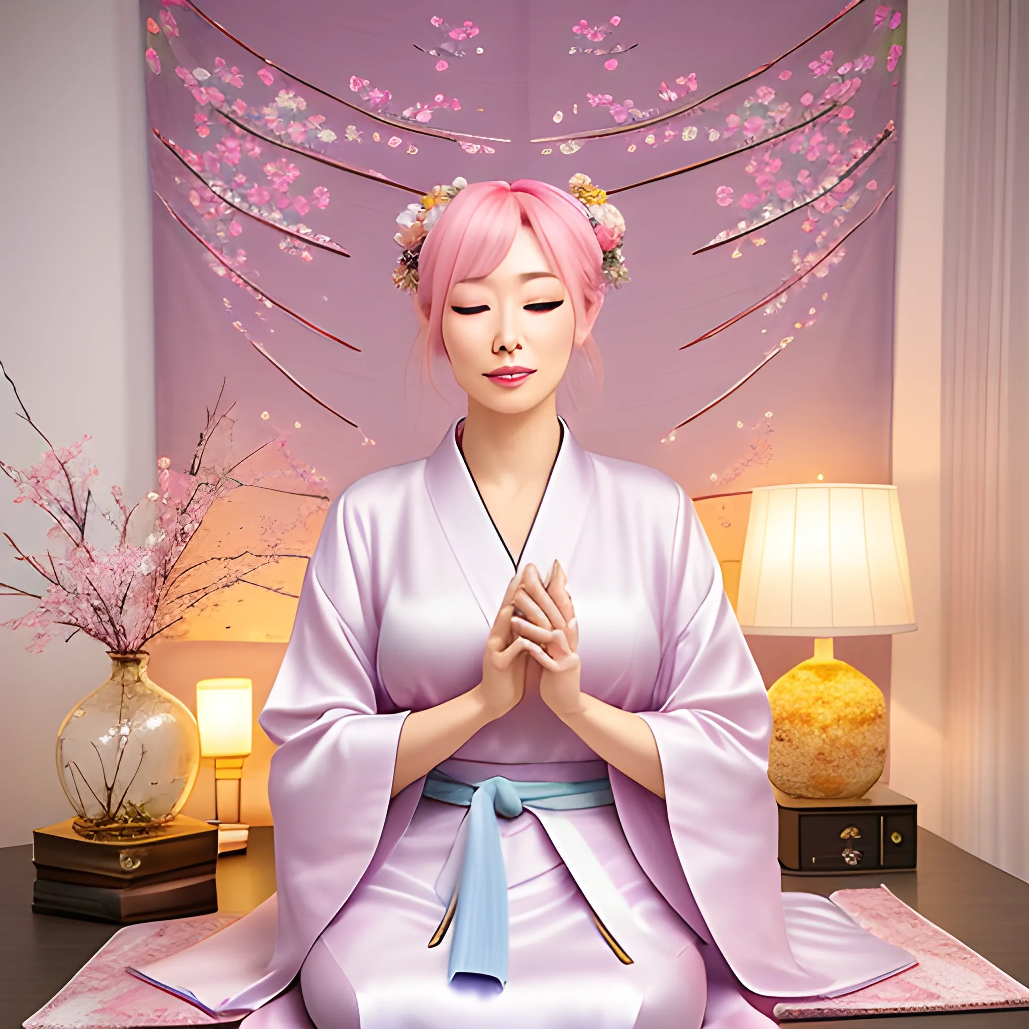 a delicate and radiant anime girl. She has long, soft, pastel pink hair cascading down to her waist. Her large, expressive eyes shine with curiosity and kindness, accentuated with subtle glimmers of bright eyeshadow.

In this image, Ayumi is seated in a cozy room, illuminated by soft, dim light that creates a warm and relaxing ambiance. The room is adorned with subtle elements of Oriental inspiration, such as pastel silk curtains and decorative cushions with floral patterns.

Ayumi is surrounded by ASMR accessories and thematic objects. Beside her, there is a crystal bowl filled with colorful marbles that reflect the light in a magical way. Around her, small glass jars display different natural elements, such as seashells, dried leaves, and smooth stones.

The young girl is dressed in an elegant silk kimono that combines soft shades of pink and blue. The kimono features delicate embroidered flower details that add a touch of sophistication. Ayumi gracefully holds a crumpled piece of paper in her hand, ready to create the beloved crisp sounds that her followers adore.

Ayumi's expression is calm and serene as she gazes directly at the camera with a gentle, kind smile. She emanates a sense of calmness and inner peace, inviting viewers to immerse themselves in a moment of relaxation and tranquility.

The background of the image consists of subtle pastel watercolor strokes, evoking a soft and dreamlike atmosphere. Small flowers and butterflies appear to float in the air, adding a touch of magic to the scene.

Overall, this image captures Ayumi's beauty and serenity as she creates her ASMR content. It is a lovely visual representation that conveys peace, relaxation, and a magical connection to the world of ASMR and inner tranquility., Cartoon, Cartoon