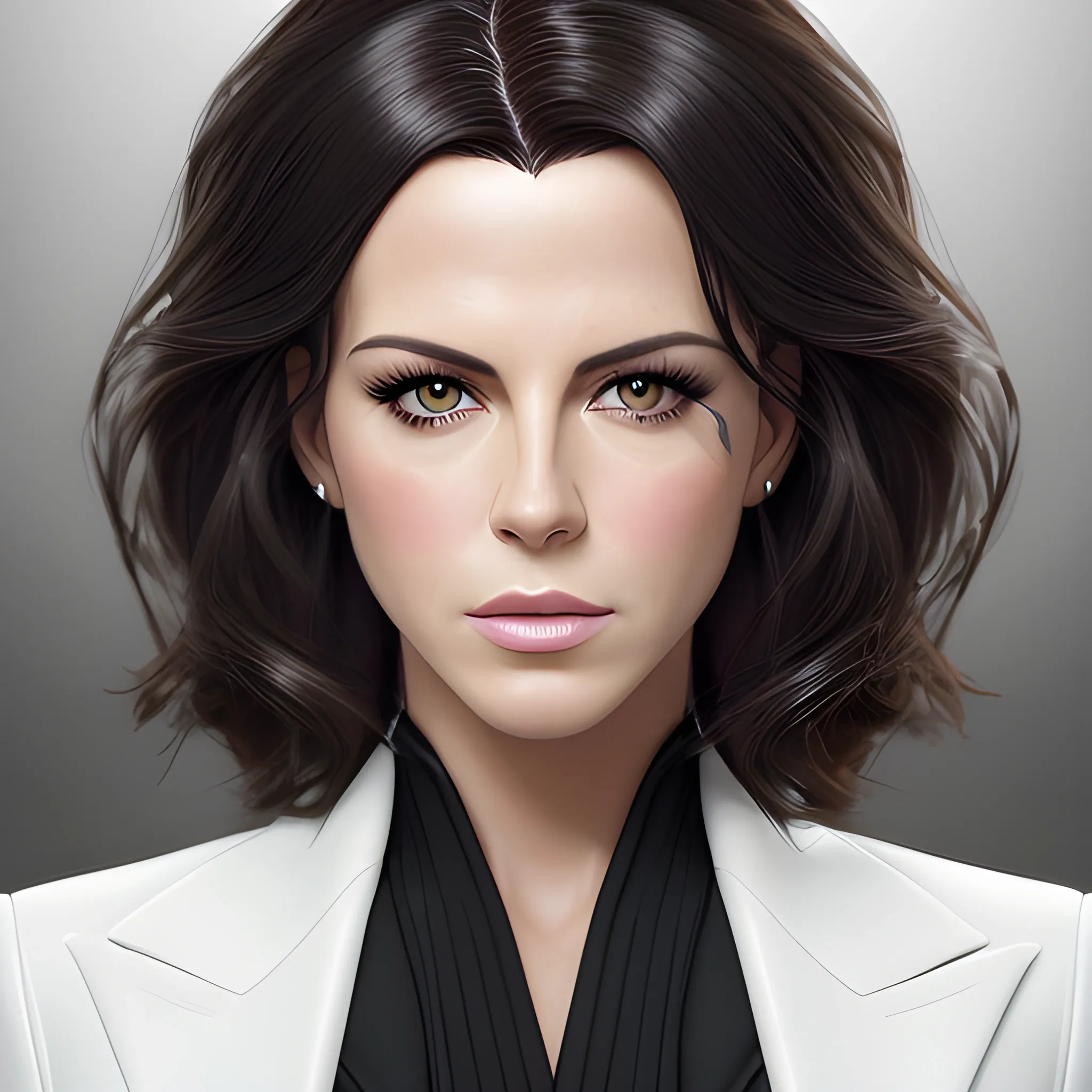 Full-length portrait photograph of a hero woman that brings together the most beautiful features of Kate Beckinsale and Katy Perry. A body. realistic details In lawyer clothes. Large eyes. Straight black hair. real photo Realism. deep details. Pearly eyes. Glowing look. High Definition. Spectacular lighting. 4K. Photo capture made with a Samsung S10 cell phone. Realism. high quality photo. many details Office style. super realistic, confident, bold, passionate, seductive, expressive, charismatic, intricate fashion clothing, highly detailed, sharp focus, illustration, 8K, art by artgerm and greg rutkowski and alphonse. realistic photo