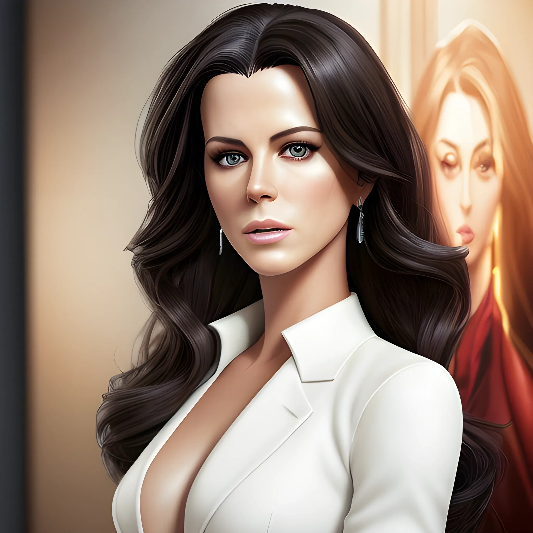 Full-length portrait photograph of a hero woman that brings together the most beautiful features of Kate Beckinsale and Katy Perry. A body. realistic details In lawyer clothes. Large eyes. Straight black hair. real photo Realism. deep details. Pearly eyes. Glowing look. High Definition. Spectacular lighting. 4K. Photo capture made with a Samsung S10 cell phone. Realism. high quality photo. many details Office style. super realistic, confident, bold, passionate, seductive, expressive, charismatic, intricate fashion clothing, highly detailed, sharp focus, illustration, 8K, art by artgerm and greg rutkowski and alphonse. realistic photo. like real