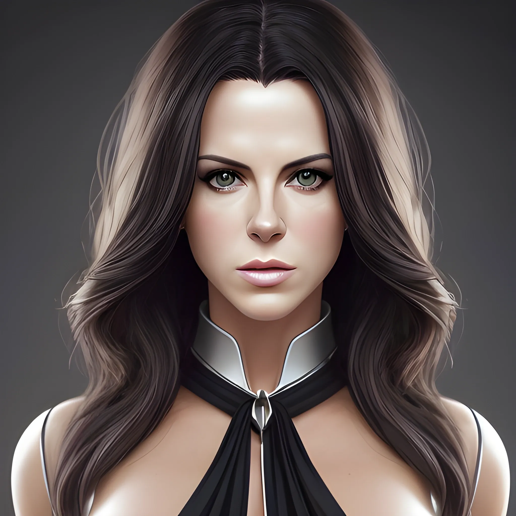 Full-length portrait photograph of a hero woman that brings together the most beautiful features of Kate Beckinsale and Katy Perry. A body. realistic details In lawyer clothes. Large eyes. Straight black hair. real photo Realism. deep details. Pearly eyes. Glowing look. High Definition. Spectacular lighting. 4K. Photo capture made with a Samsung S10 cell phone. Realism. high quality photo. many details Office style. super realistic, confident, bold, passionate, seductive, expressive, charismatic, intricate fashion clothing, highly detailed, sharp focus, illustration, 8K, art by artgerm and greg rutkowski and alphonse. realistic photo. like real life