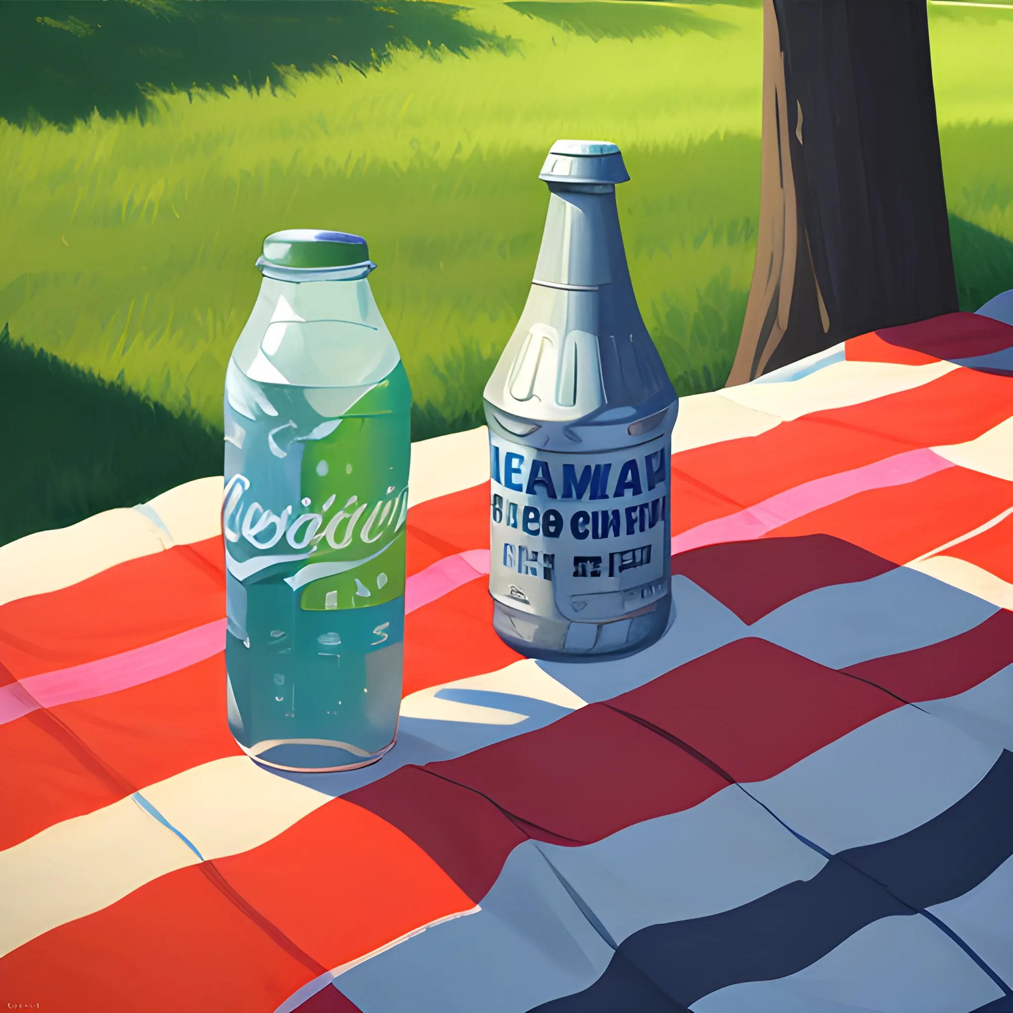 close up view of items on checkered picnic blanket, soda, very coherent, painted by Edward Hopper, painted by James Gilleard
