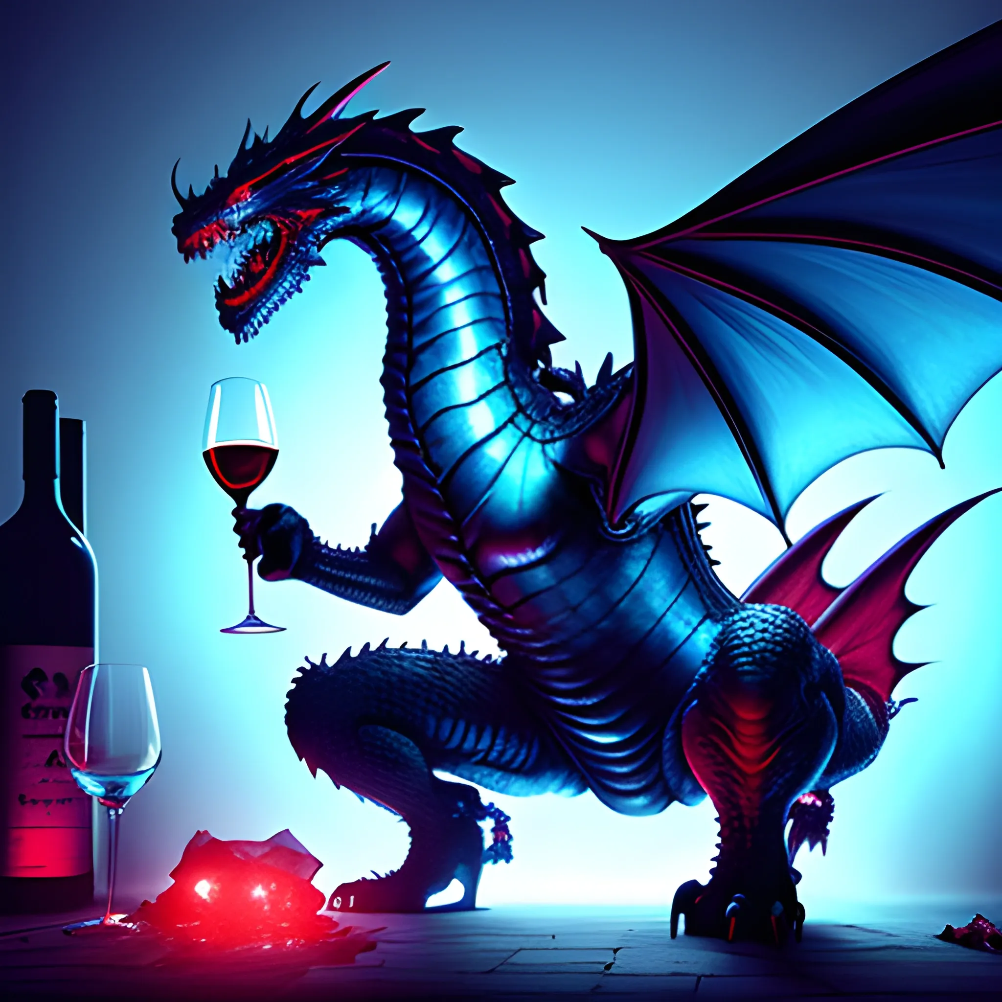 huge dragon holding a broken wine glass, cyberpunk style, blue and red lights