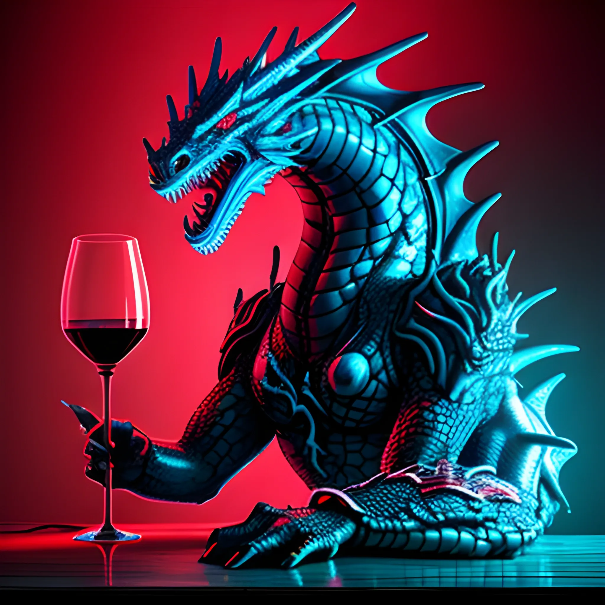 huge dragon holding a broken wine glass, cyberpunk style, blue and red lights